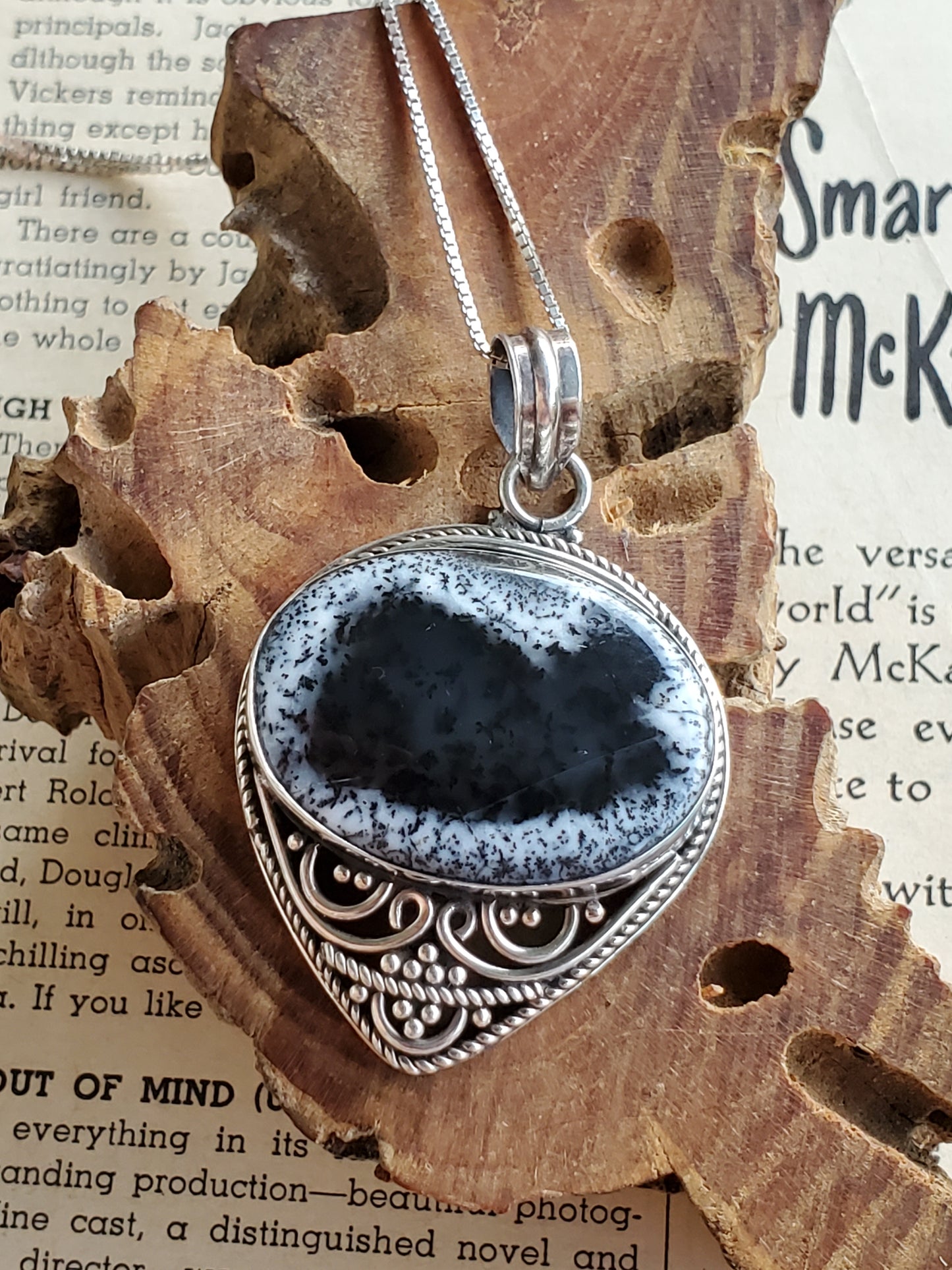 Dendritic opal tribal bali sterling silver necklace