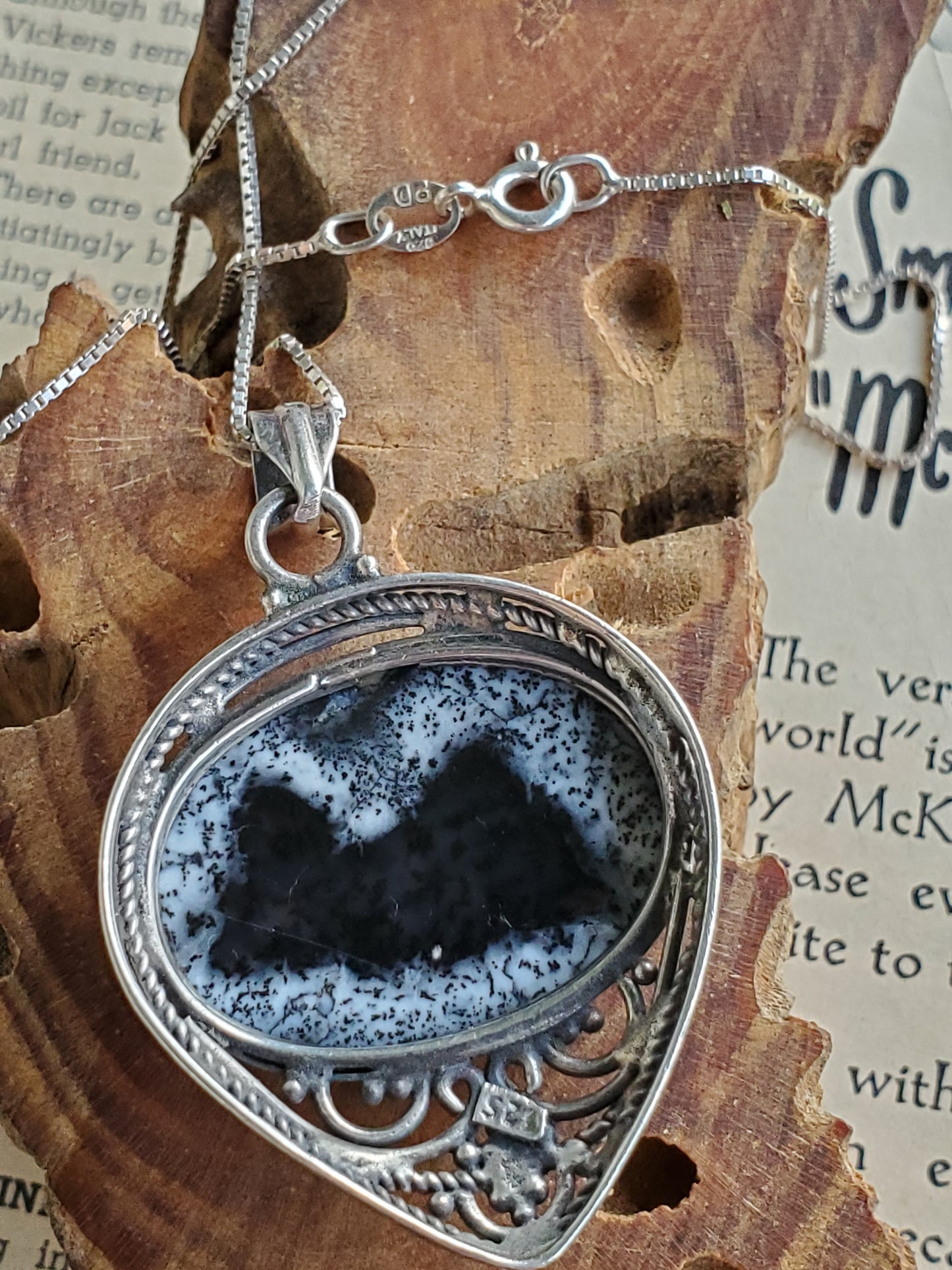 Dendritic opal tribal bali sterling silver necklace