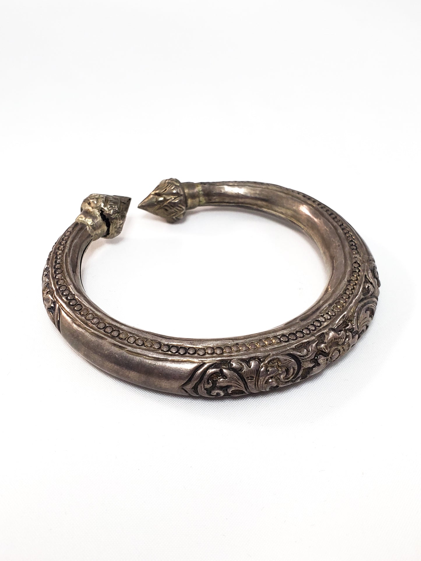 Ethnic Asian Lotus Flower Hill Tribe Golden Triangle antique 20th century sterling silver cuff bracelet