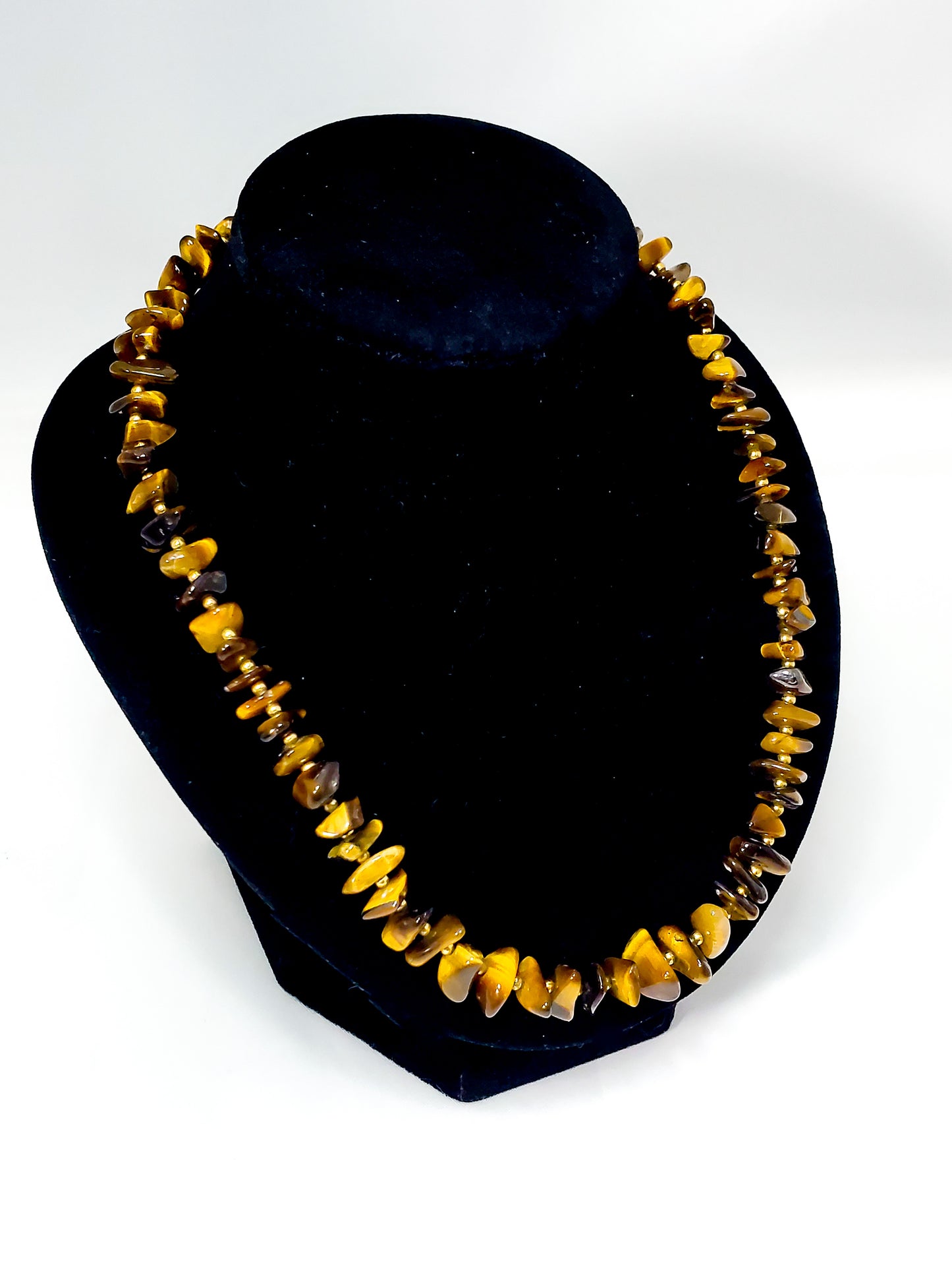 Flashy striated Tiger's Eye gemstone chip necklace with gold filled accents 16 inches