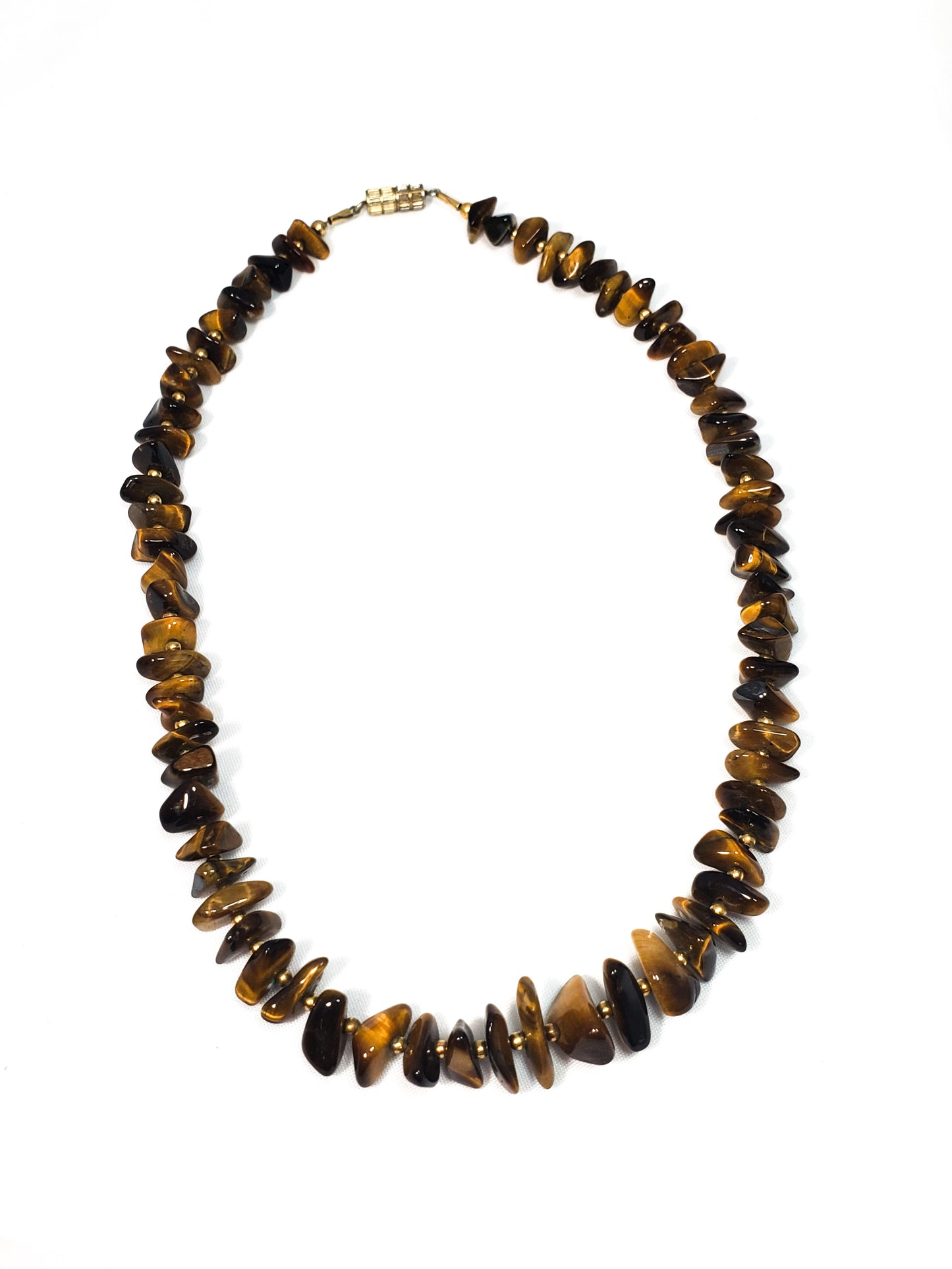 Flashy striated Tiger's Eye gemstone chip necklace with gold filled accents 16 inches