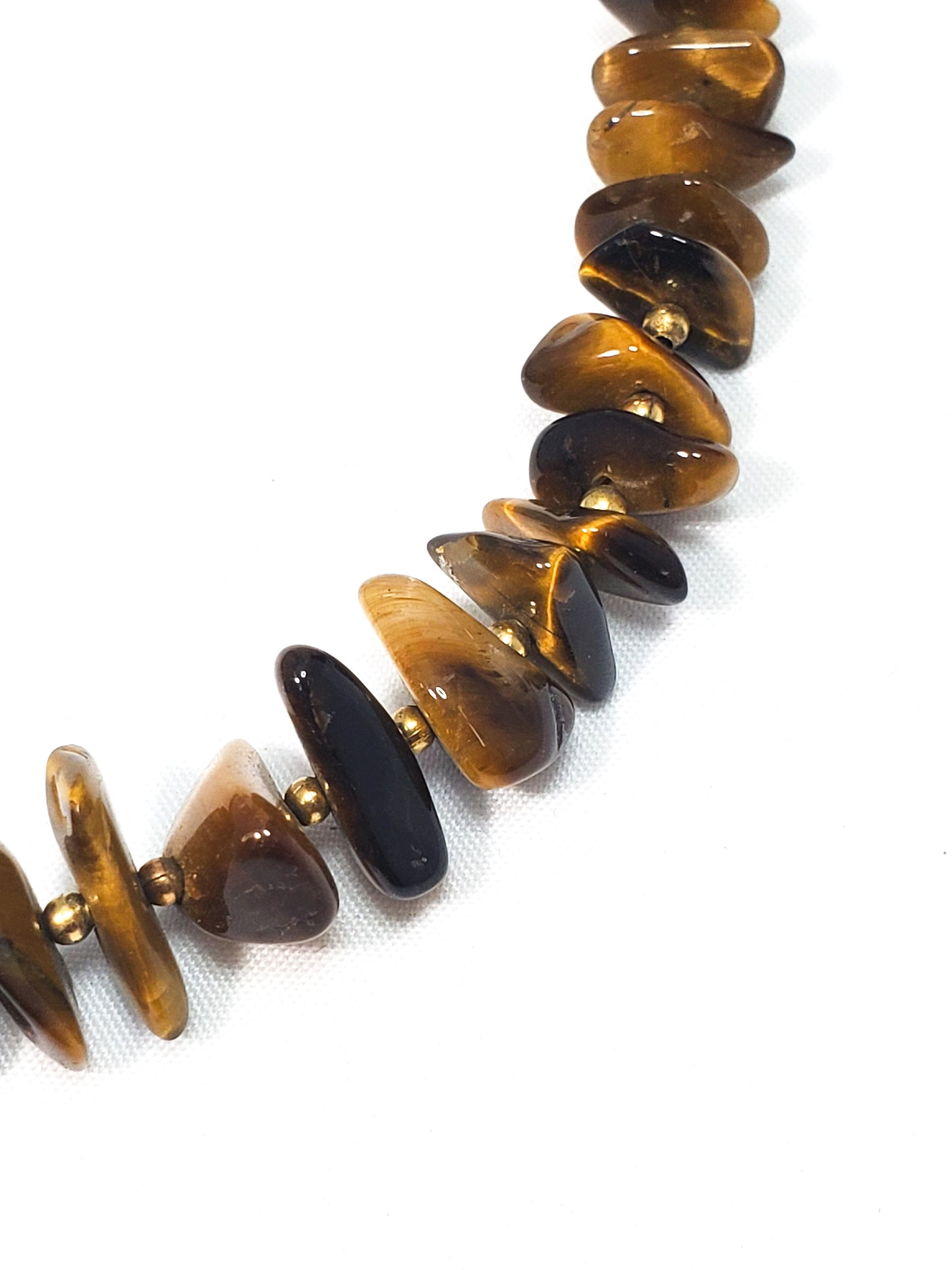 Flashy striated Tiger's Eye gemstone chip necklace with gold filled accents 16 inches