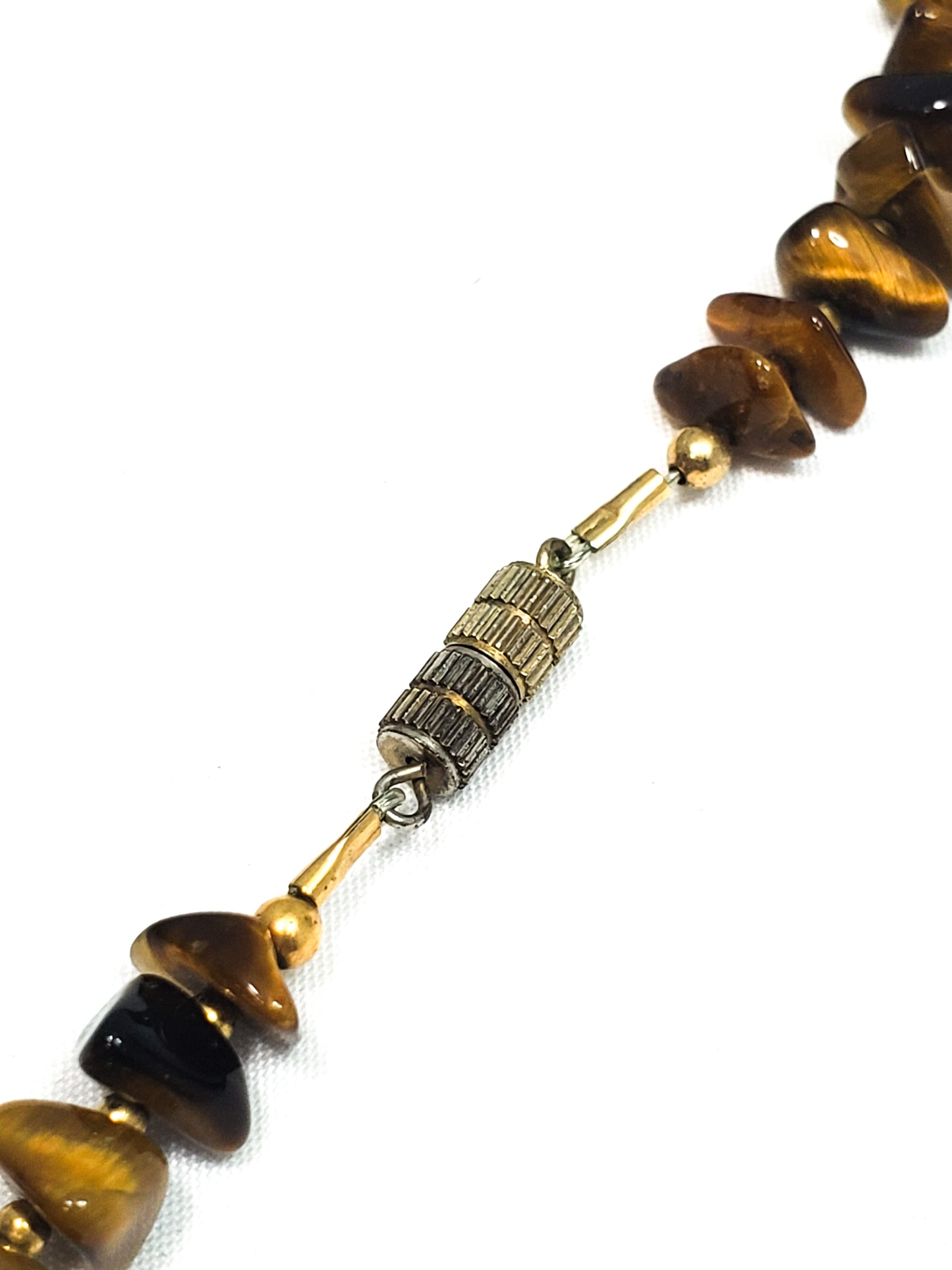 Flashy striated Tiger's Eye gemstone chip necklace with gold filled accents 16 inches