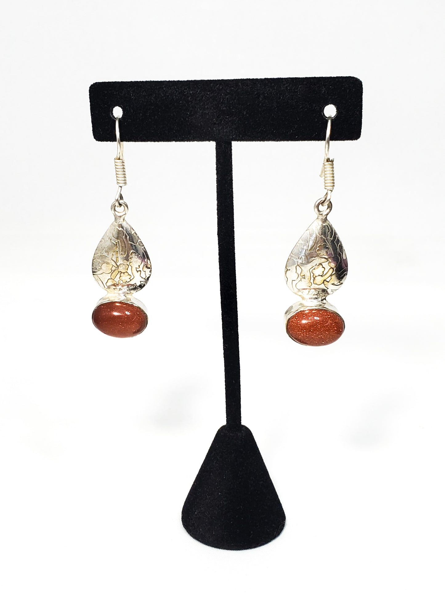 Vintage Sparkling Goldstone sterling silver stamped drop earrings 925