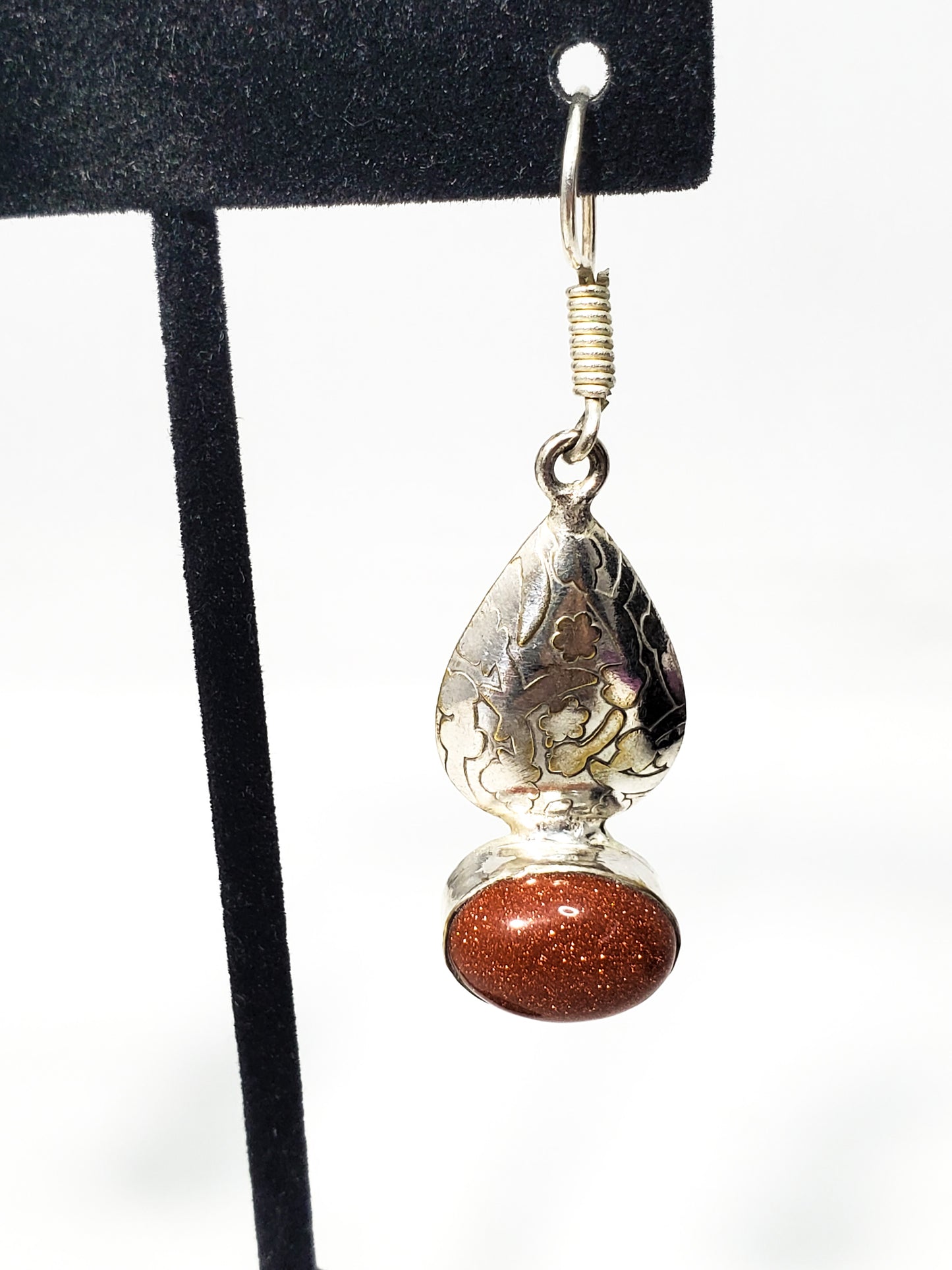 Vintage Sparkling Goldstone sterling silver stamped drop earrings 925