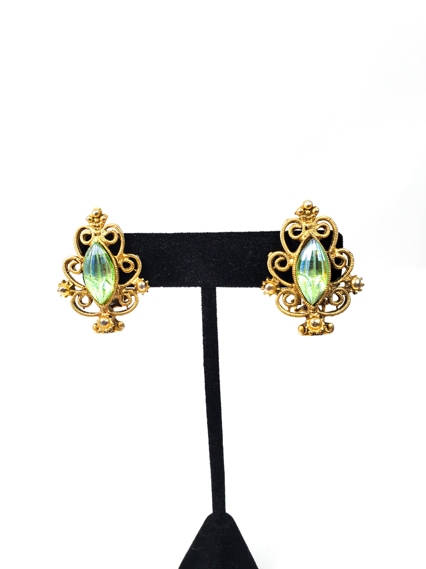 Vintage gold Christmas tree clip on earrings with molded green aurora borealis rhinestone