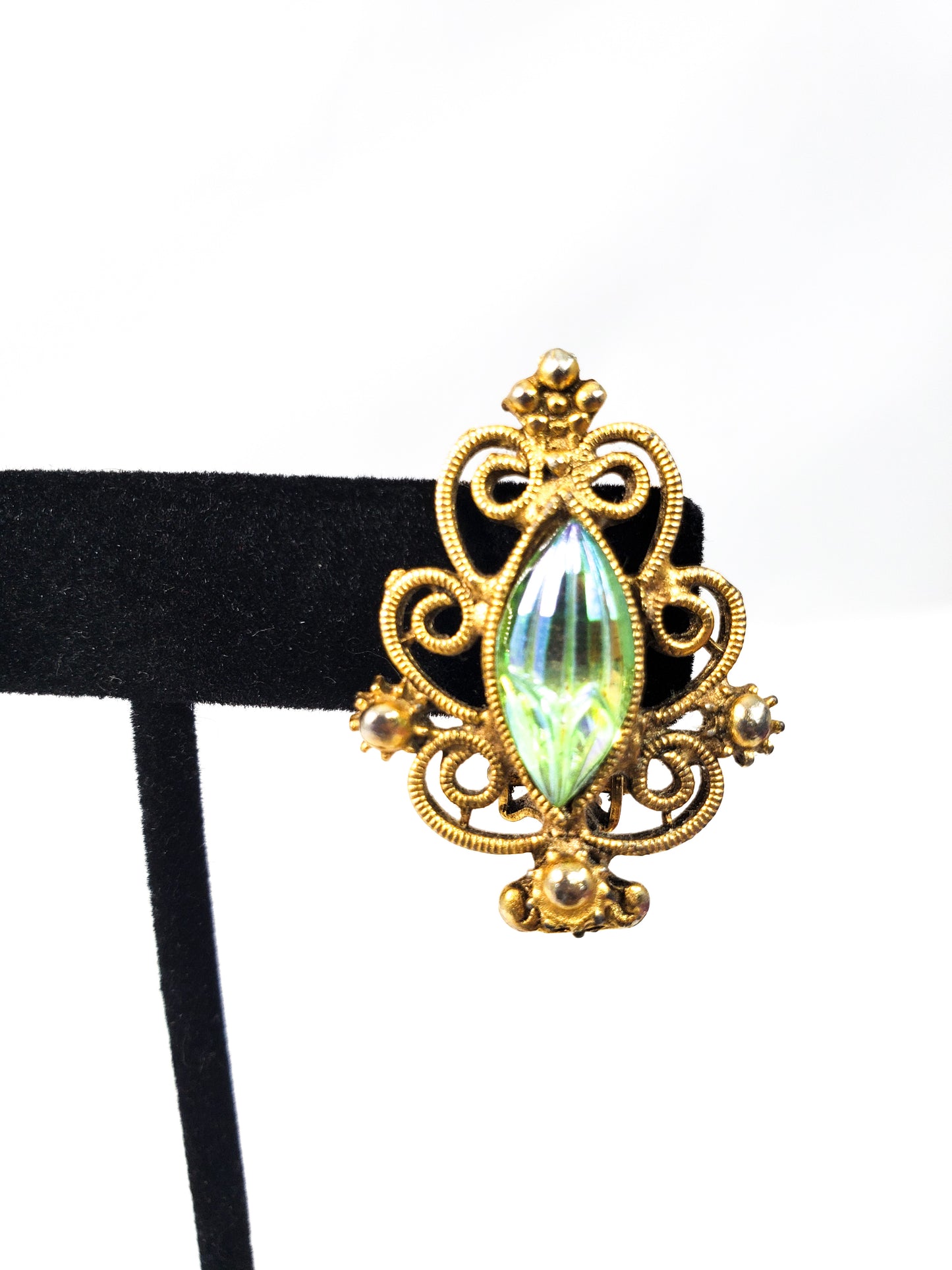 Vintage gold Christmas tree clip on earrings with molded green aurora borealis rhinestone