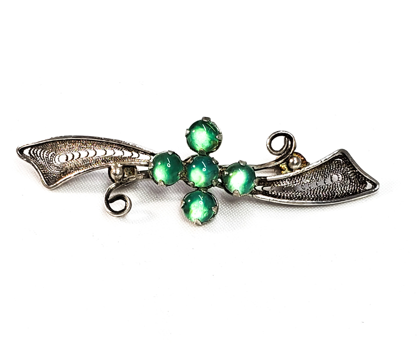 Antique sterling silver and bright green stone spun silver brooch 925 holiday
