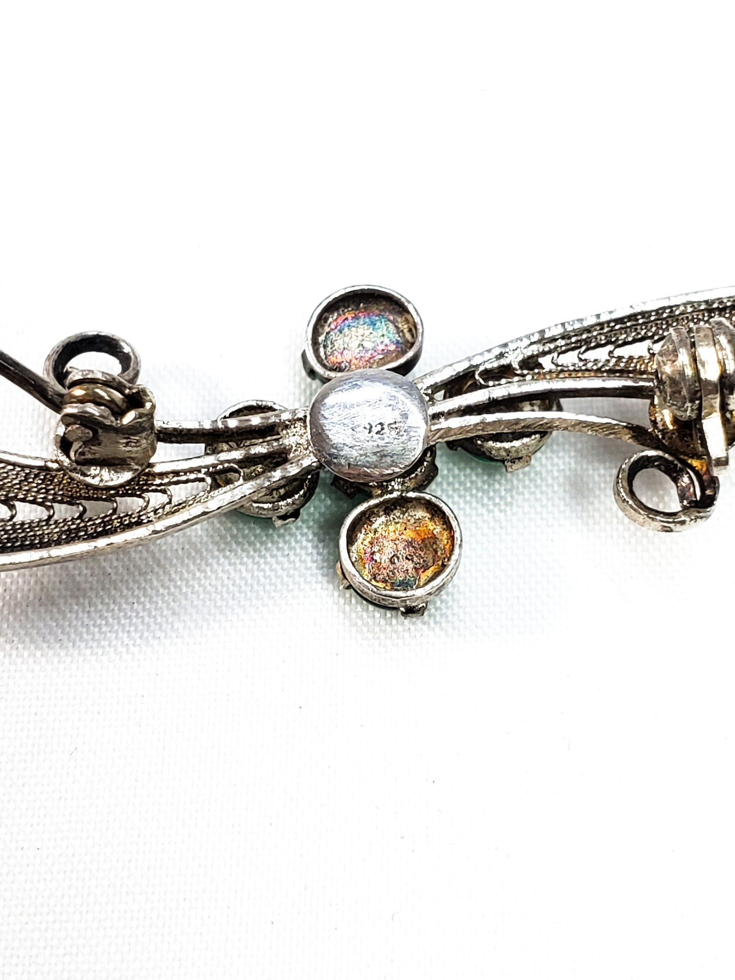 Antique sterling silver and bright green stone spun silver brooch 925 holiday