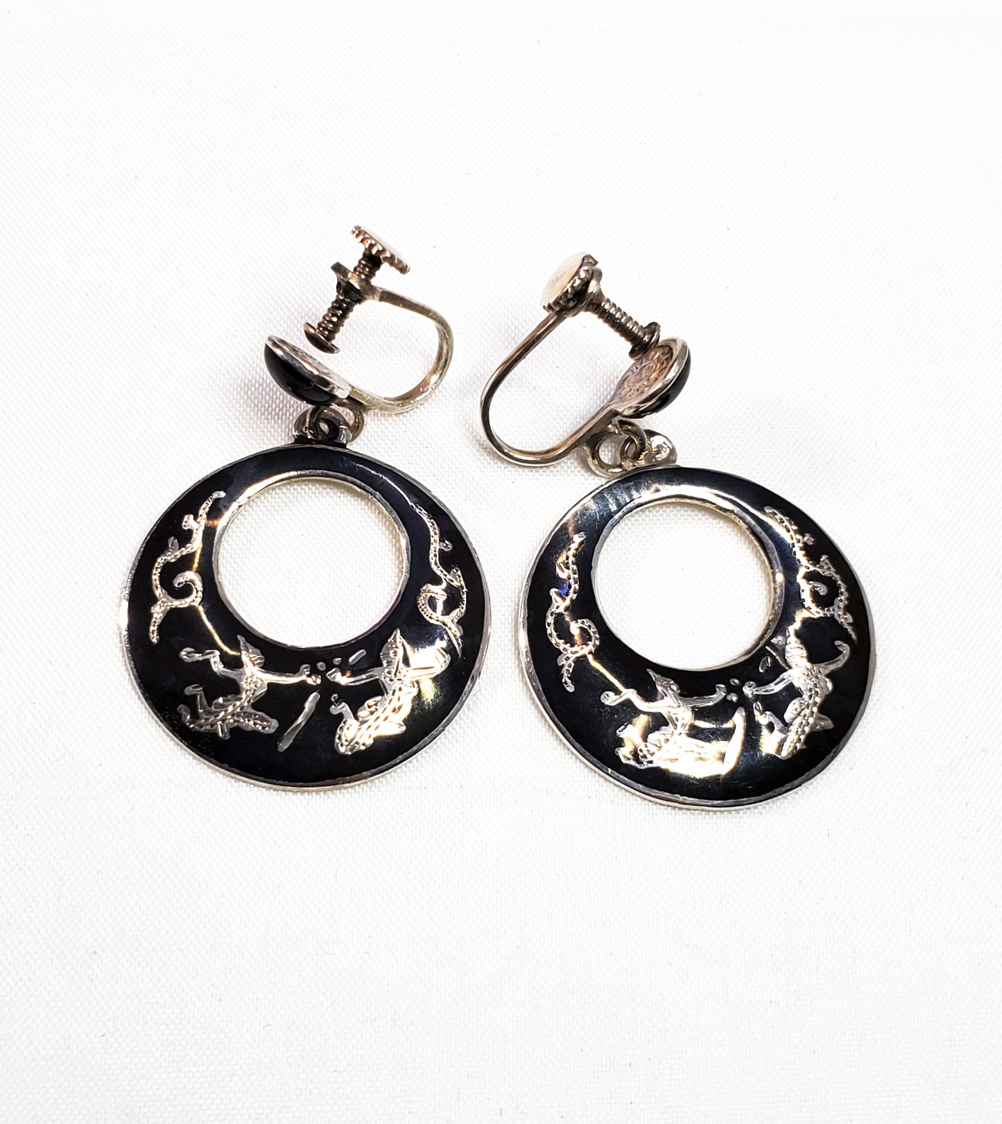 Bombay Bazar vintage Nielloware Siam dancers drop hoop vintage earrings