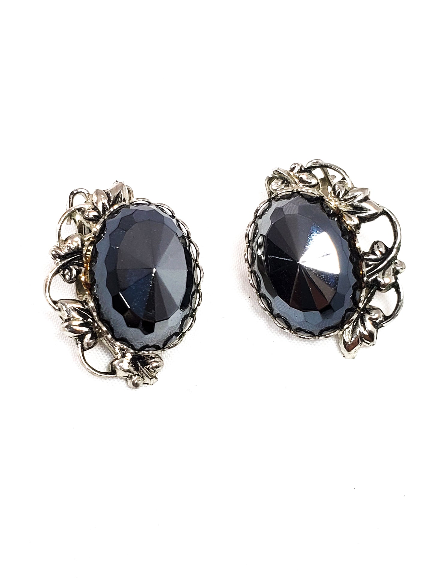 Faceted Hematite gemstone floral vintage clip on earrings