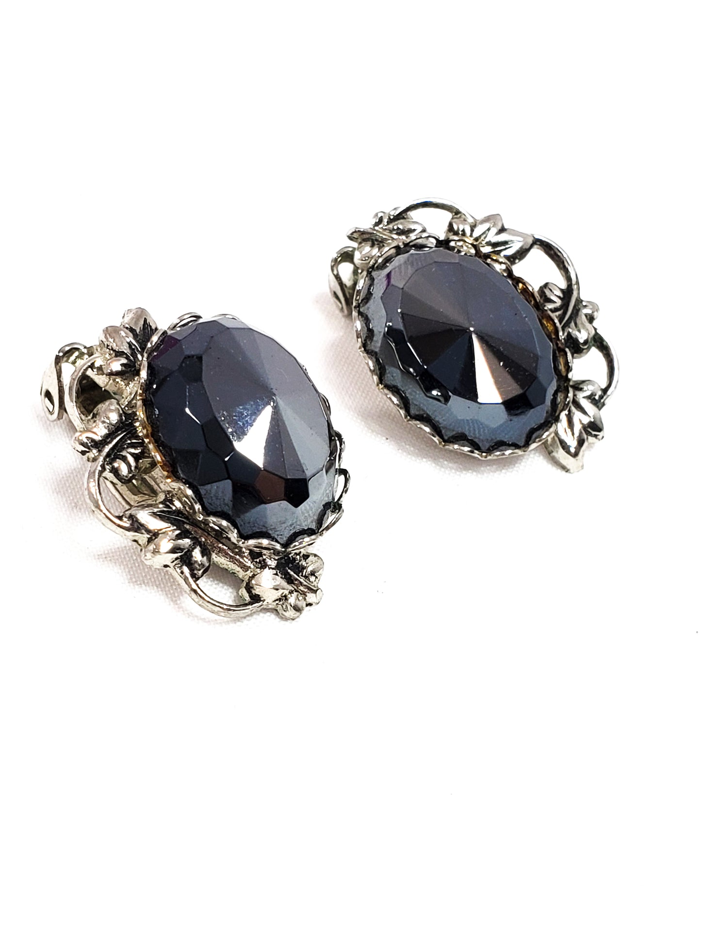 Faceted Hematite gemstone floral vintage clip on earrings