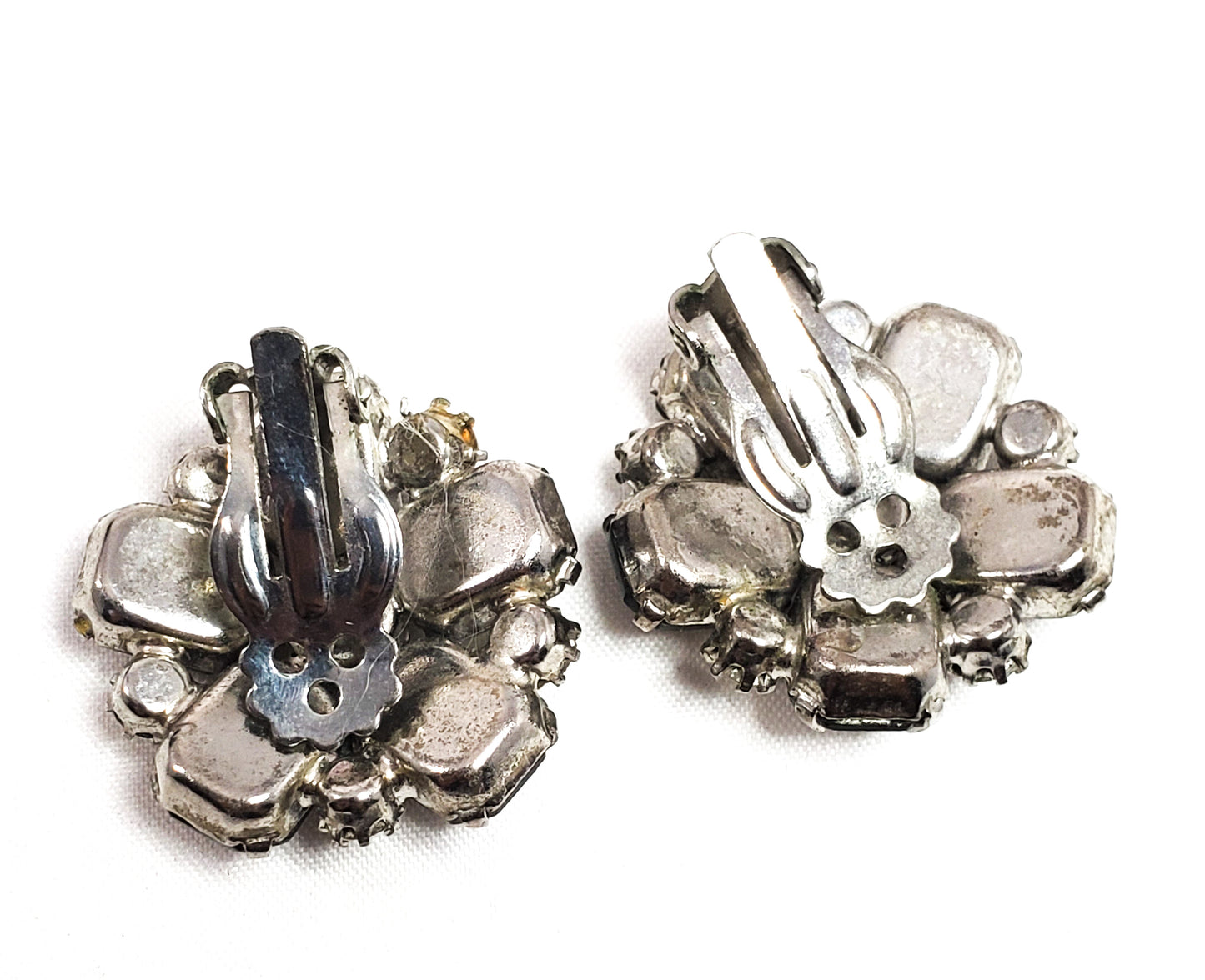 Smokey Grey flowers large rhinestone cluster clip on mid century earrings