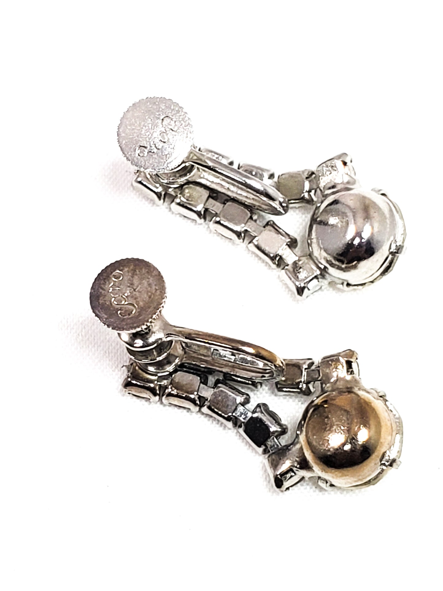 Coro script signature clear rhinestone screw back earrings mid century