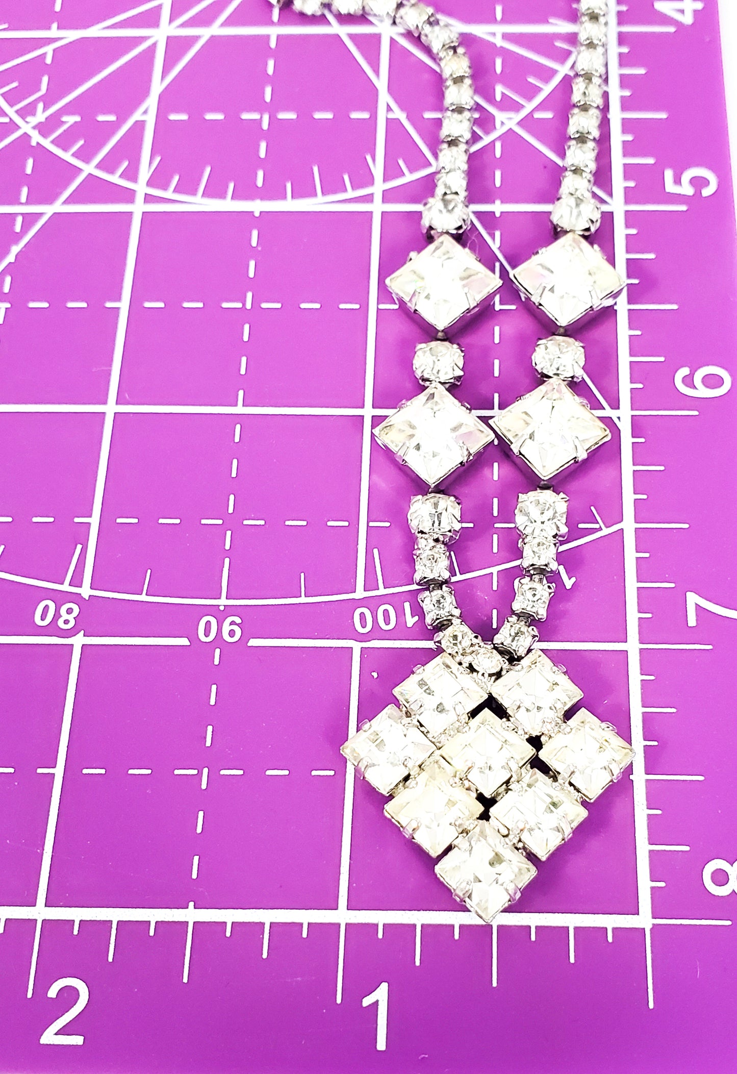 Princess cut vintage clear rhinestone mid century necklace 1950's