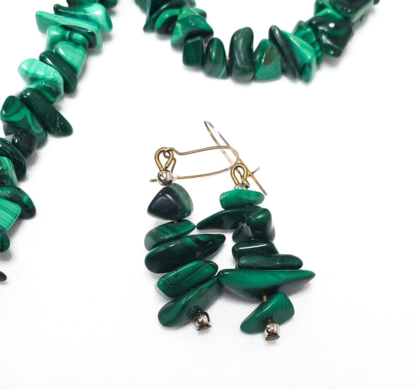 Handcrafted banded malachite chip bead demi parure 3 piece set necklace earrings bracelet