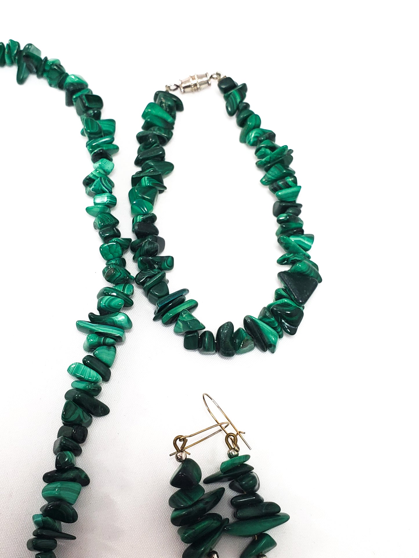 Handcrafted banded malachite chip bead demi parure 3 piece set necklace earrings bracelet