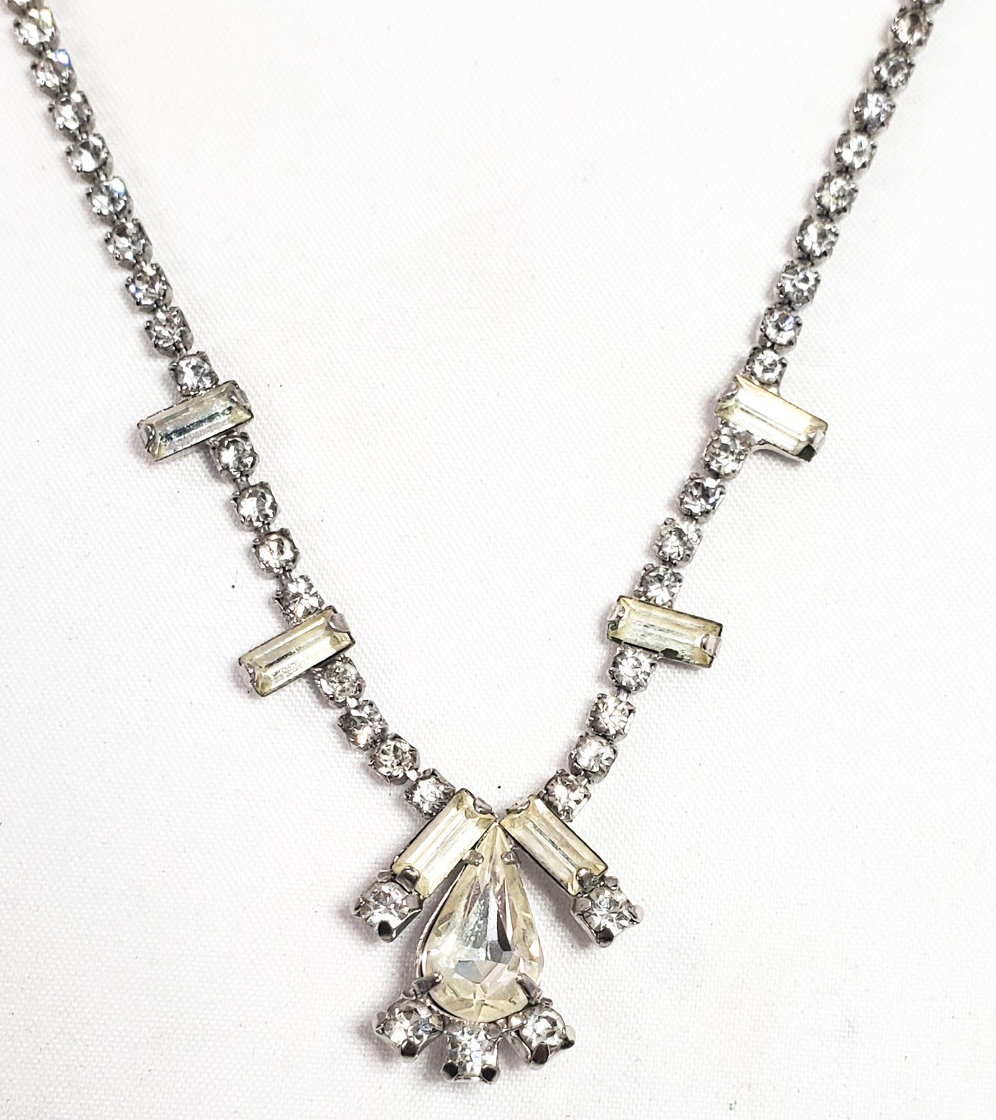 Weiss teardrop and baguette clear sparkling rhinestone necklace mid century 1950's