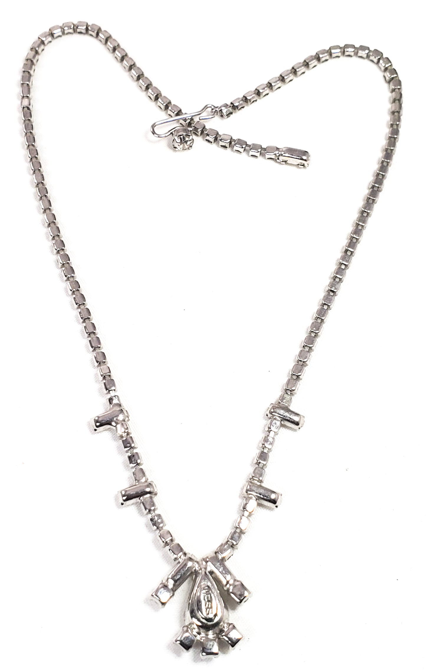 Weiss teardrop and baguette clear sparkling rhinestone necklace mid century 1950's