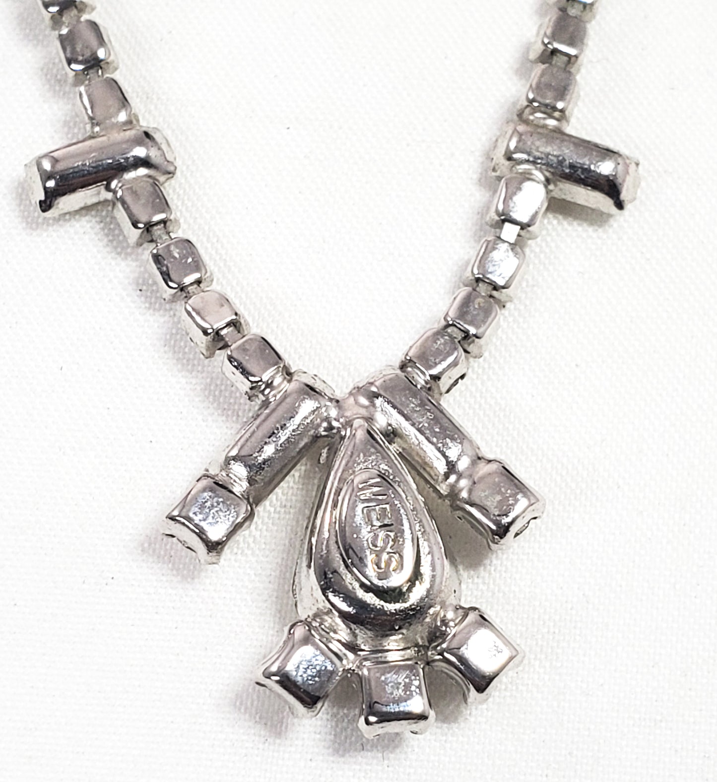 Weiss teardrop and baguette clear sparkling rhinestone necklace mid century 1950's