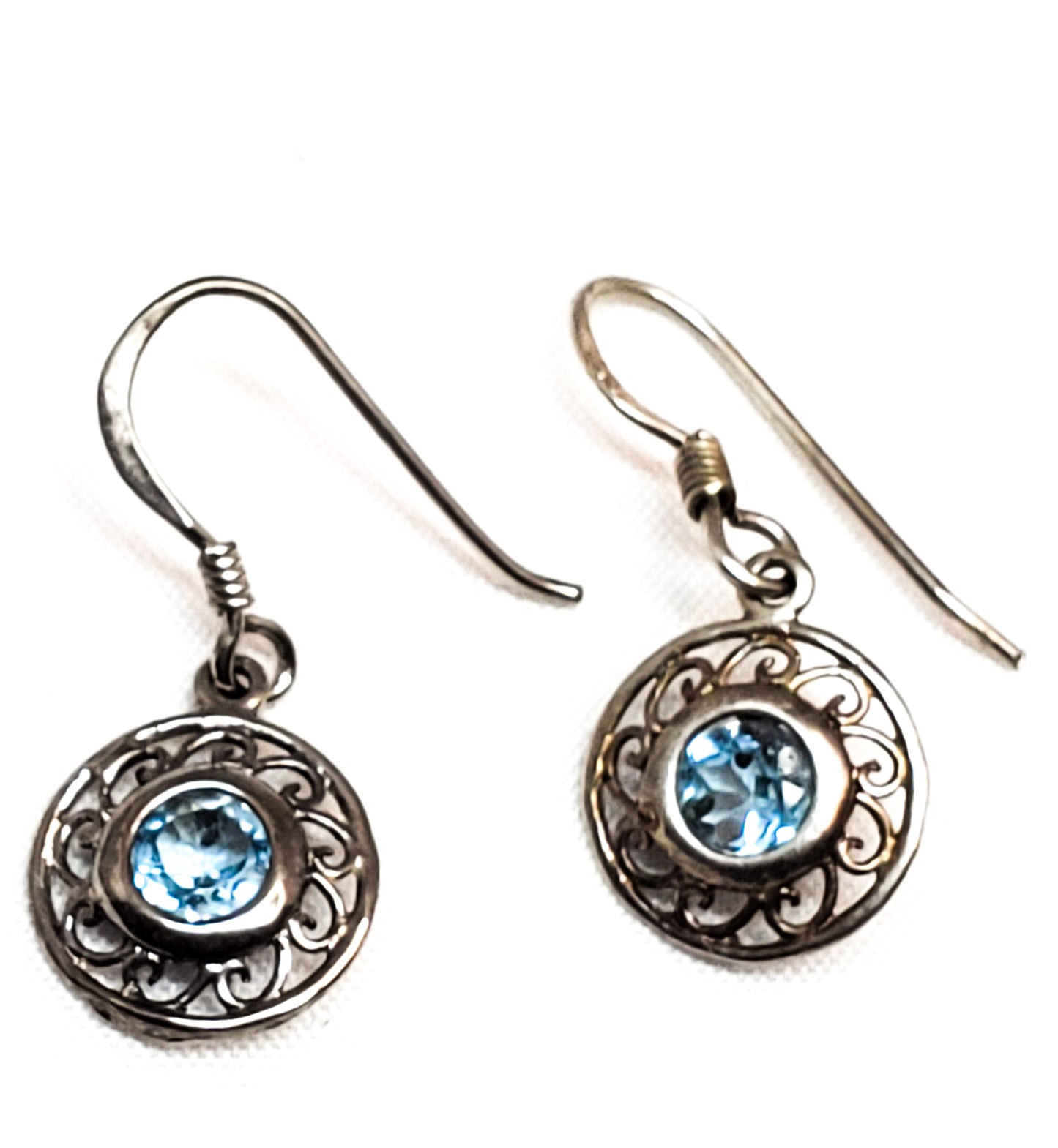 Ice blue topaz filigree sterling silver drop vintage earrings 925