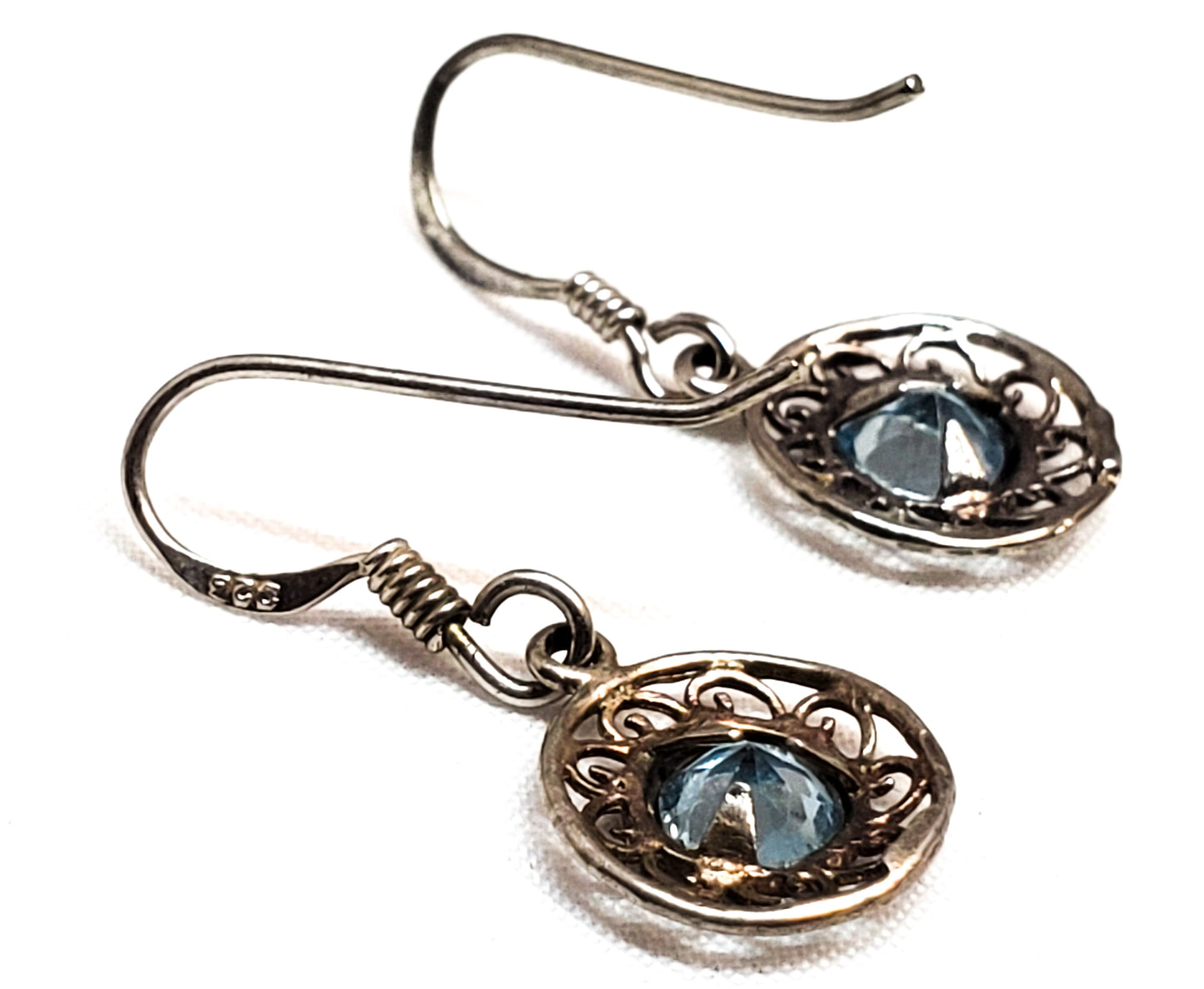 Ice blue topaz filigree sterling silver drop vintage earrings 925