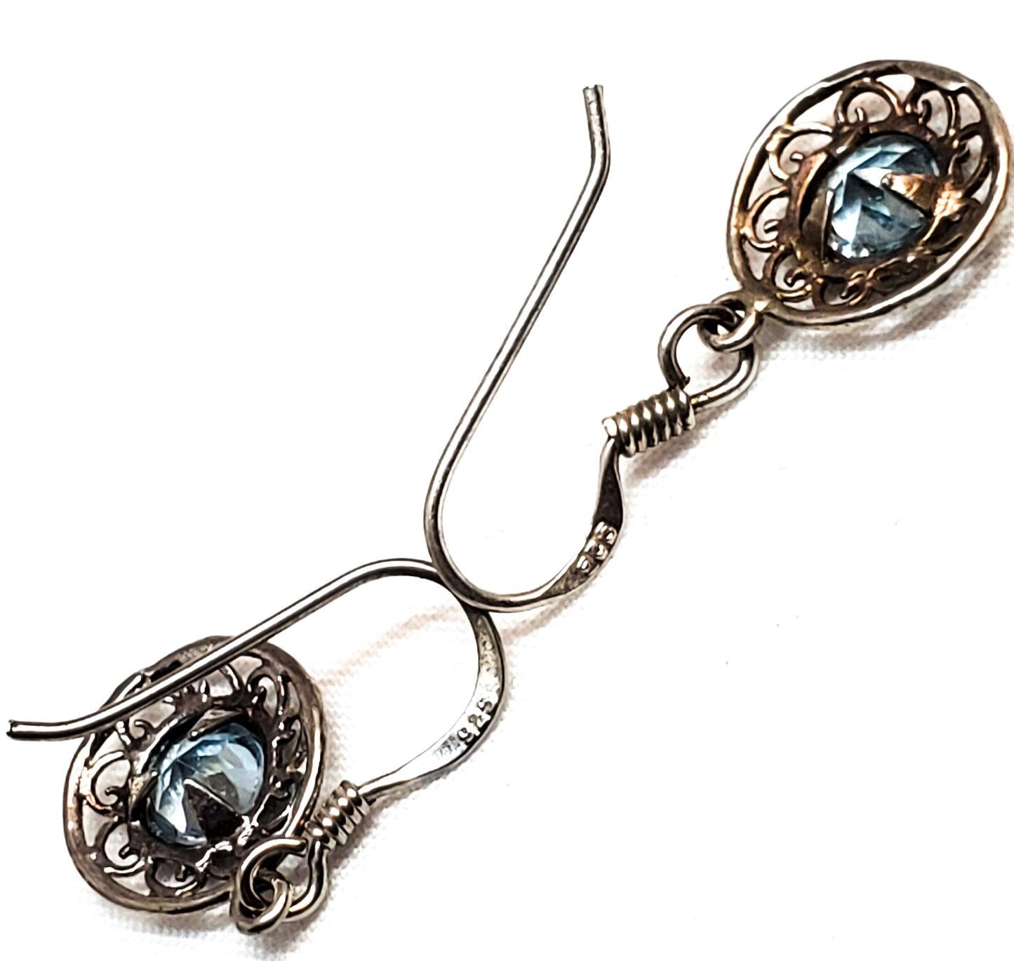Ice blue topaz filigree sterling silver drop vintage earrings 925