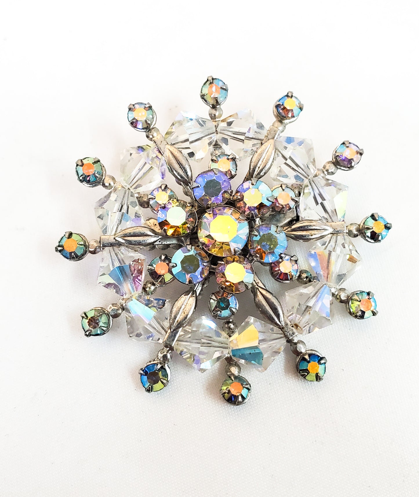 Mid Century Snowflake Brooch Austrian crystal and Aurora Borealis chaton rhinestone 1960's pin up