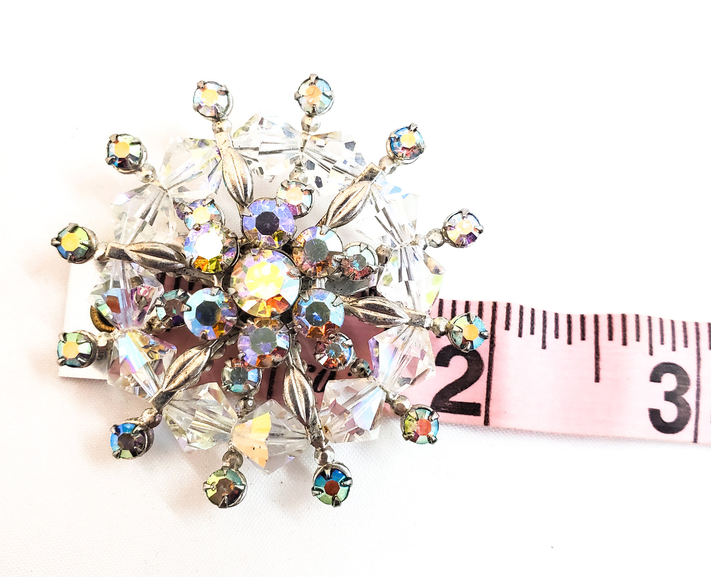 Mid Century Snowflake Brooch Austrian crystal and Aurora Borealis chaton rhinestone 1960's pin up