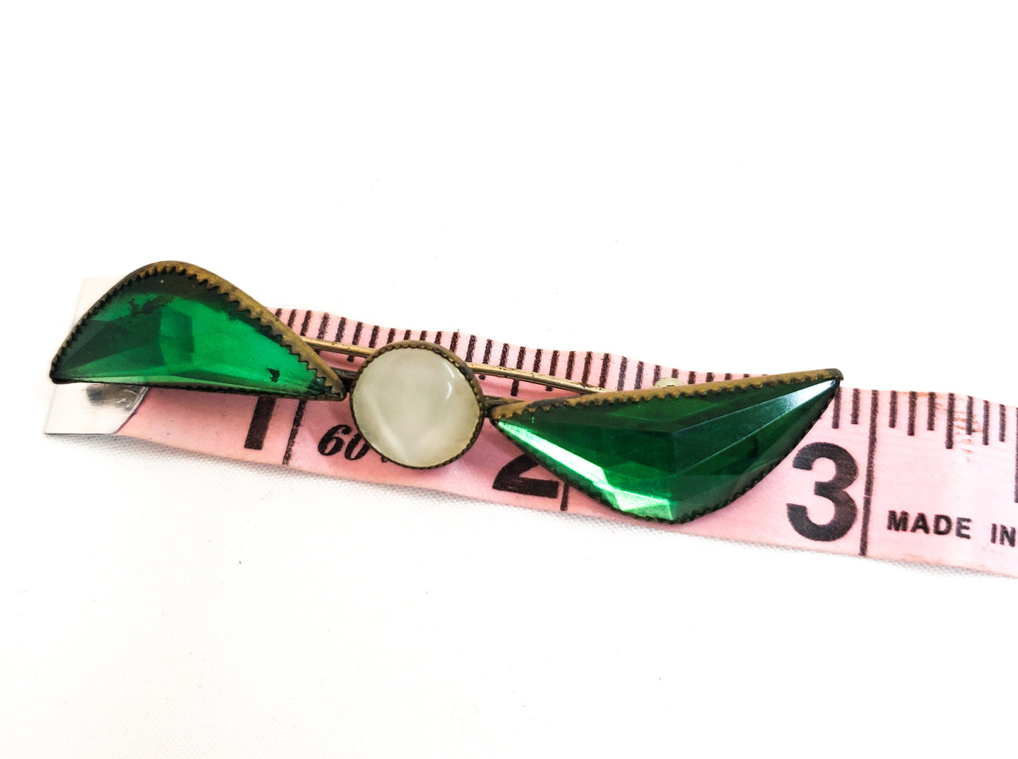 WWI bright green and white Czech glass propeller sweetheart brooch holiday Christmas
