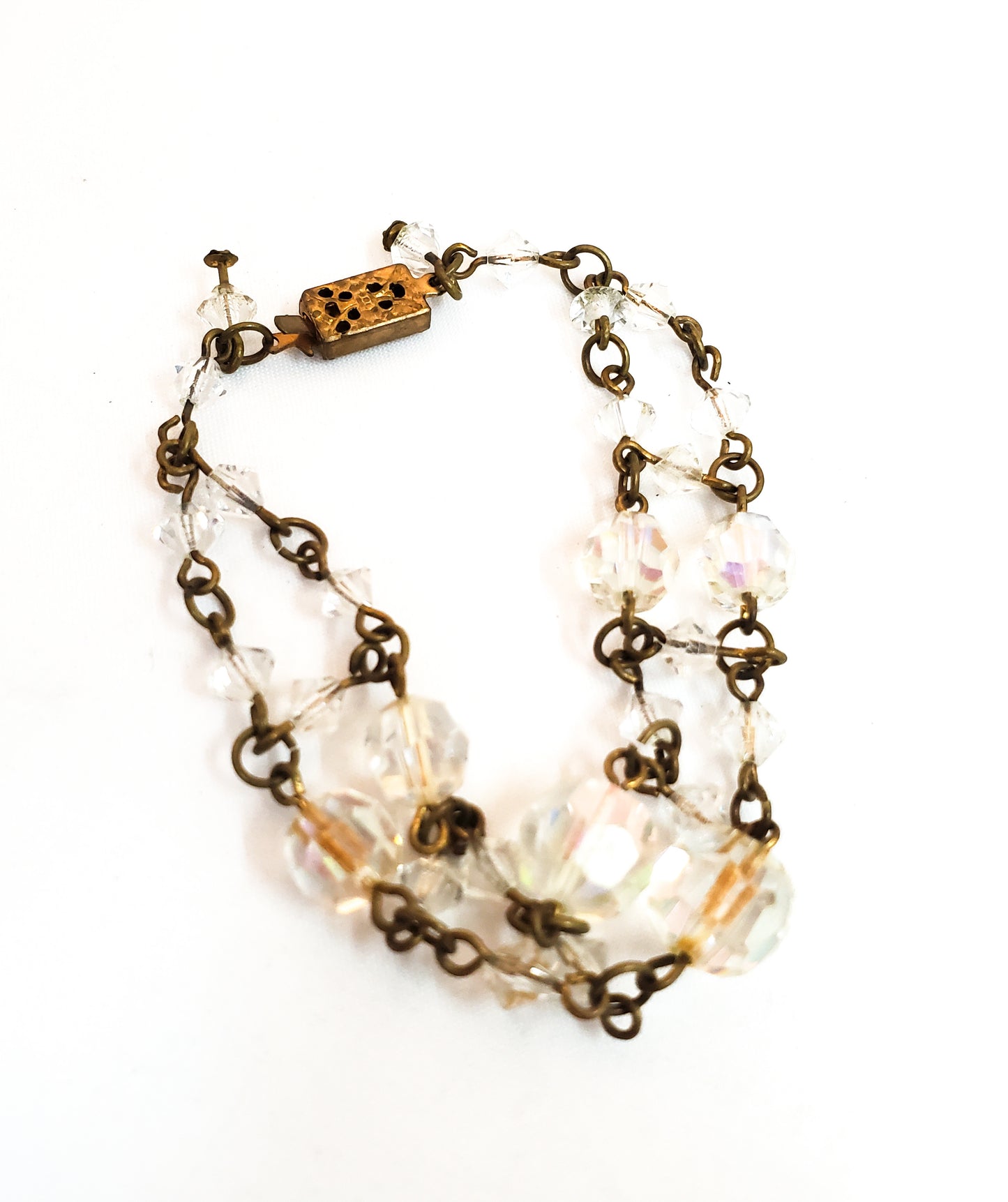 Austrian Crystal aurora borealis beaded brass mid century bracelet