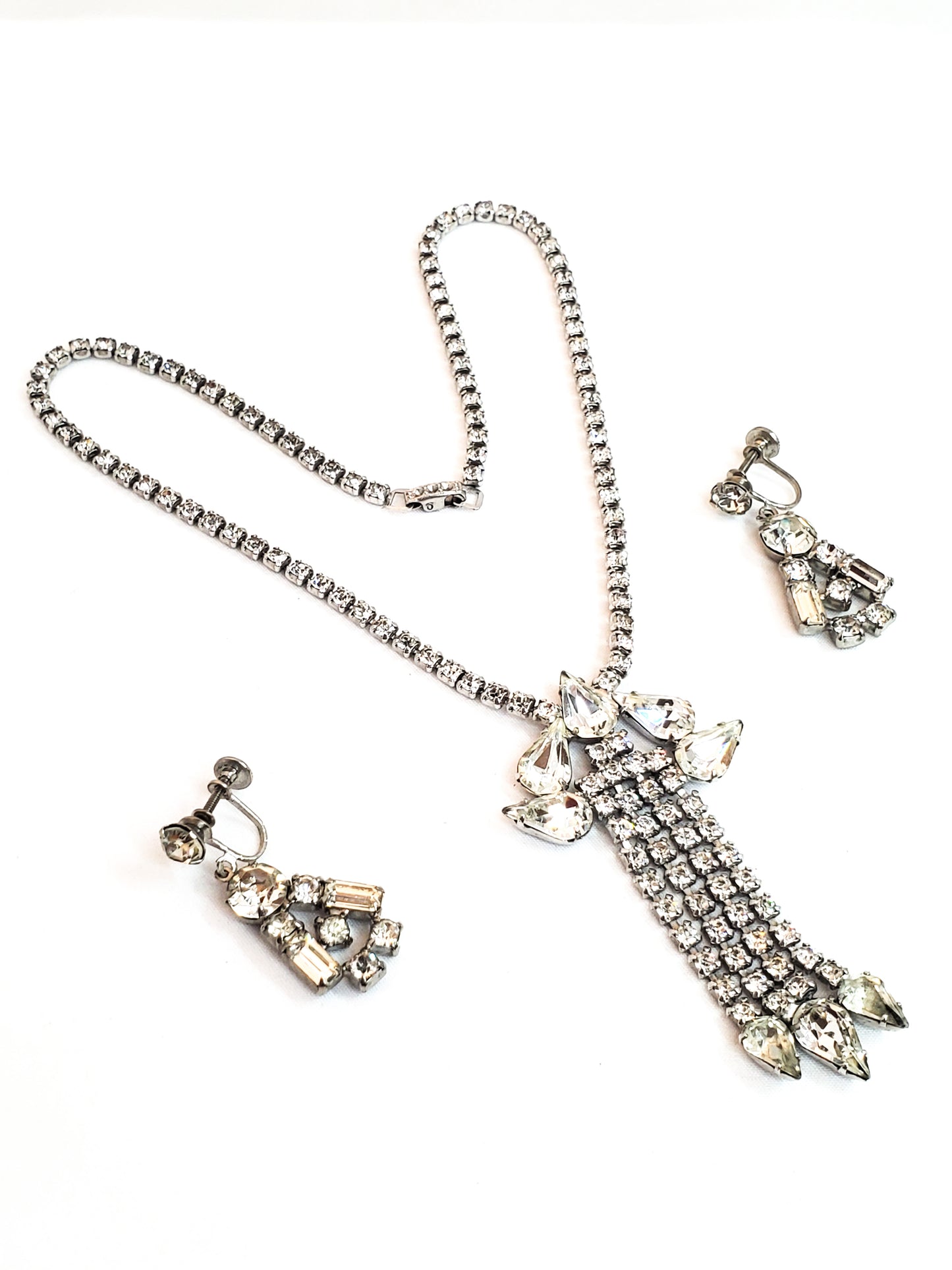 Clear teardrop rhinestone antique necklace and earring set demi parure screw back