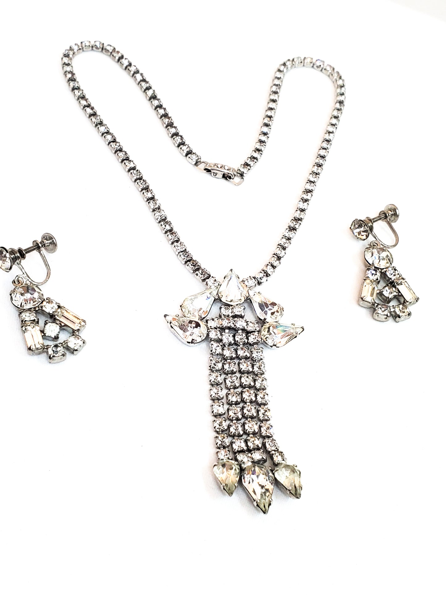 Clear teardrop rhinestone antique necklace and earring set demi parure screw back