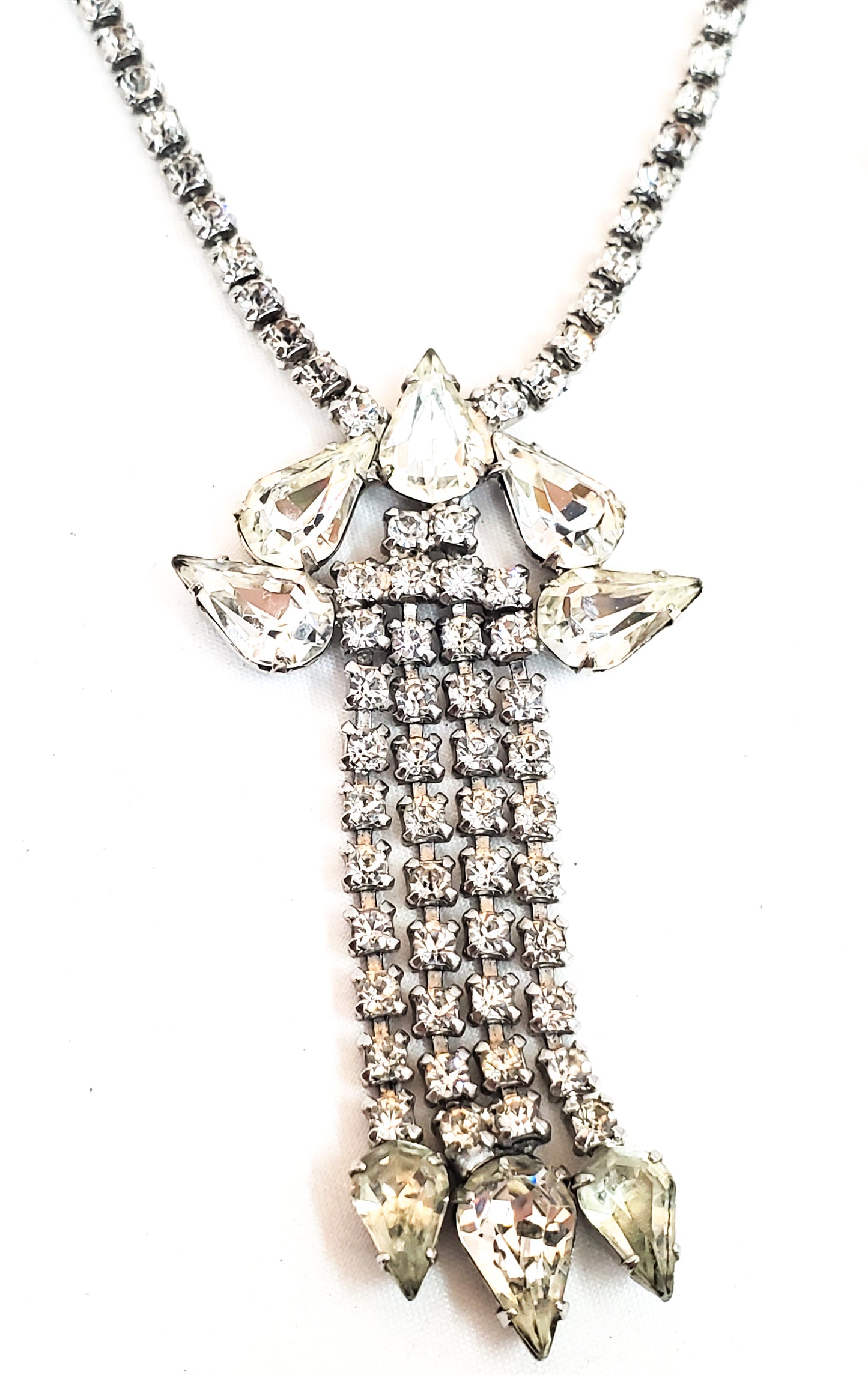Clear teardrop rhinestone antique necklace and earring set demi parure screw back