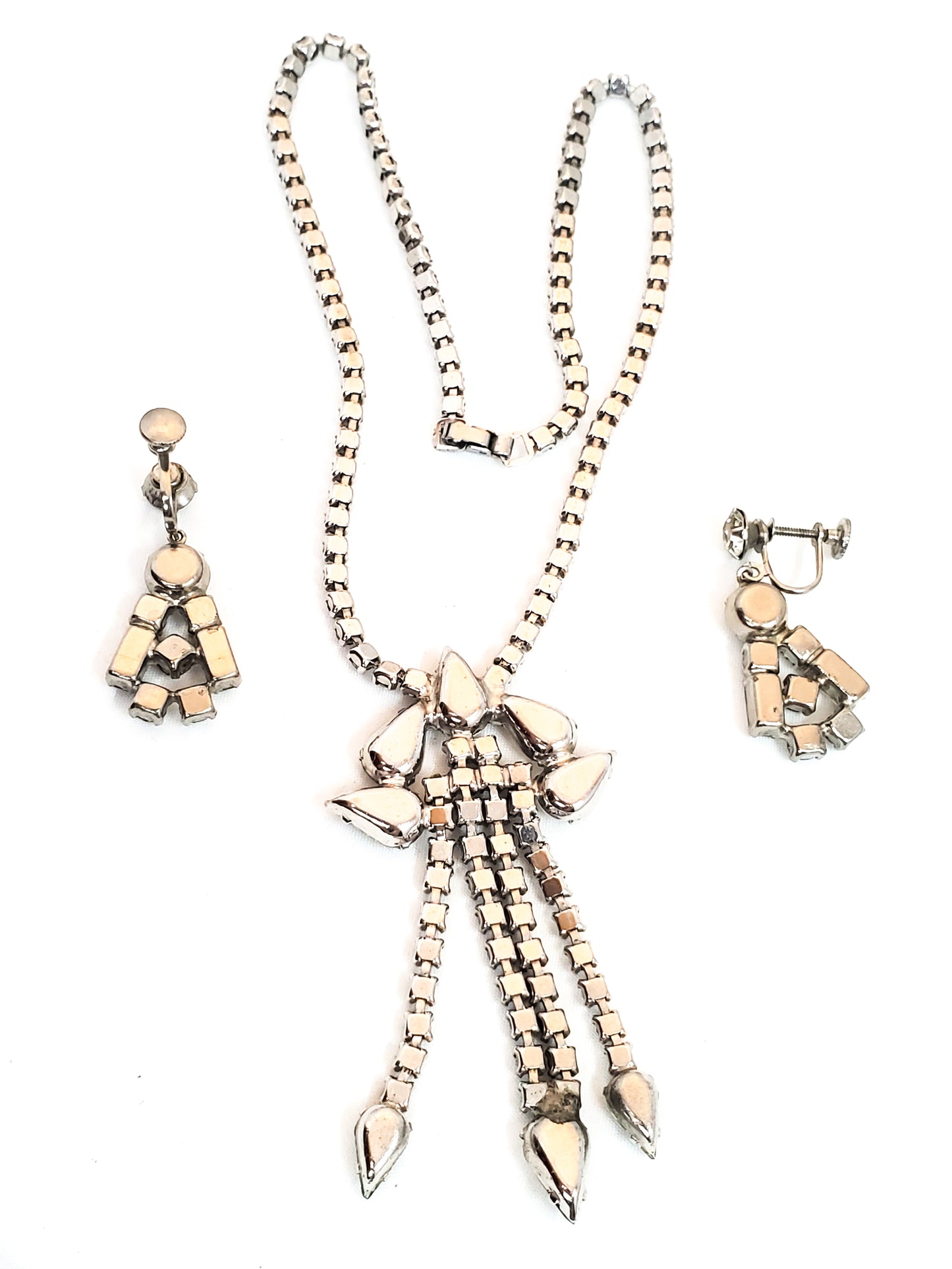 Clear teardrop rhinestone antique necklace and earring set demi parure screw back