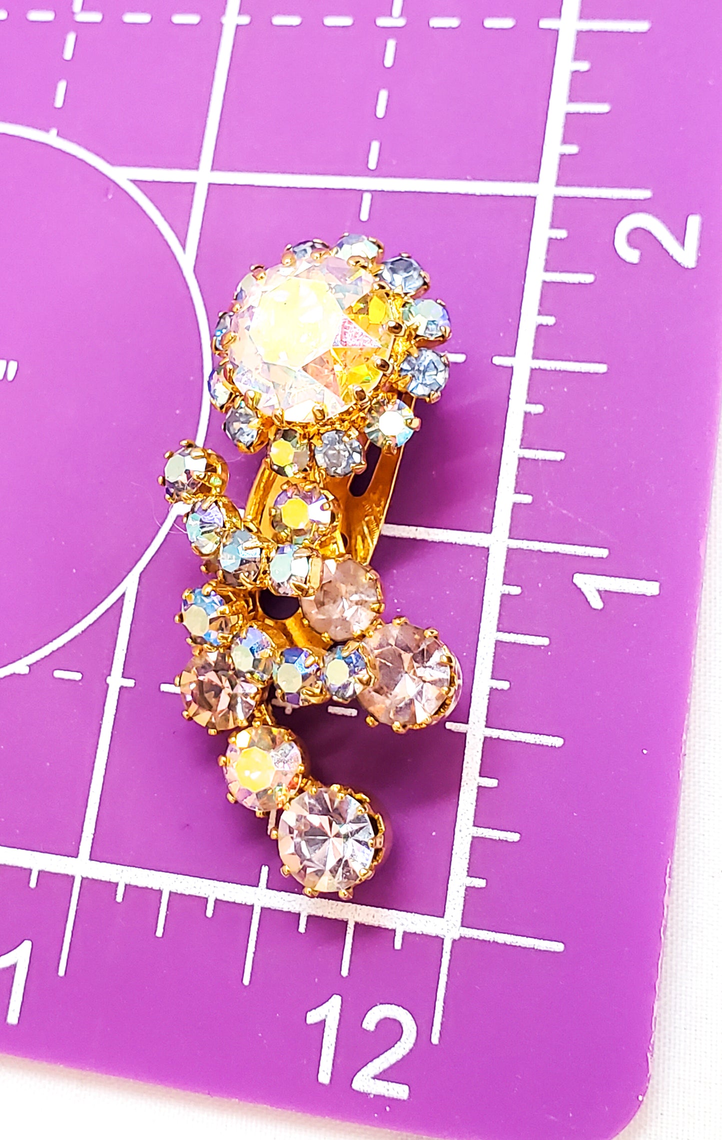 Rainbow Aurora Borealis flower clip on cluster earrings mid century Austria mid century