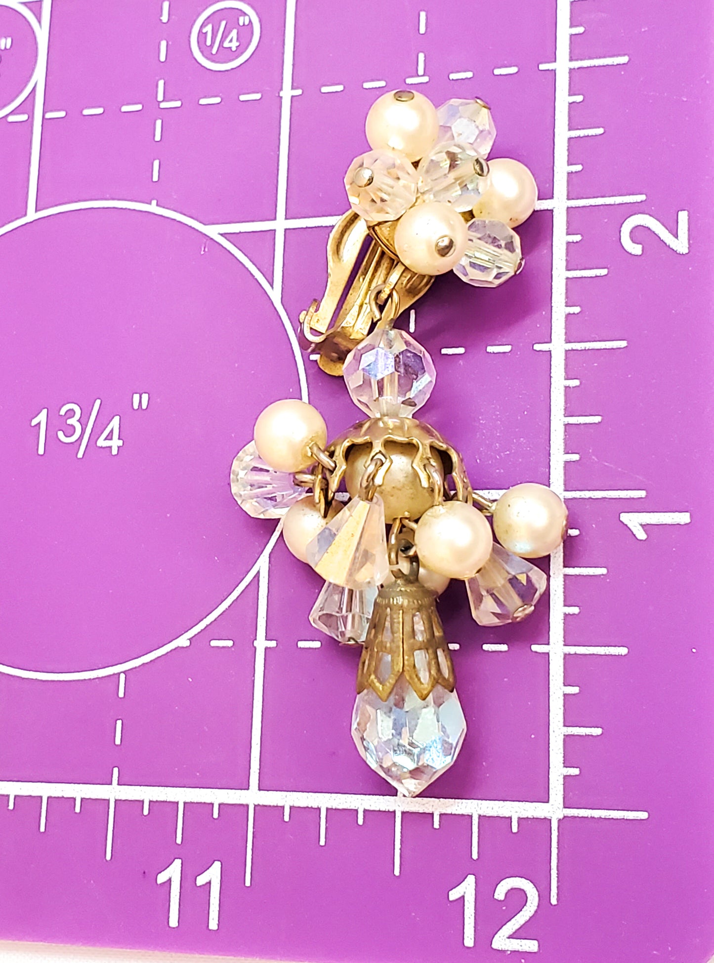 Faux pearl and Austrian crystal cluster drop vintage clip on earrings mid century