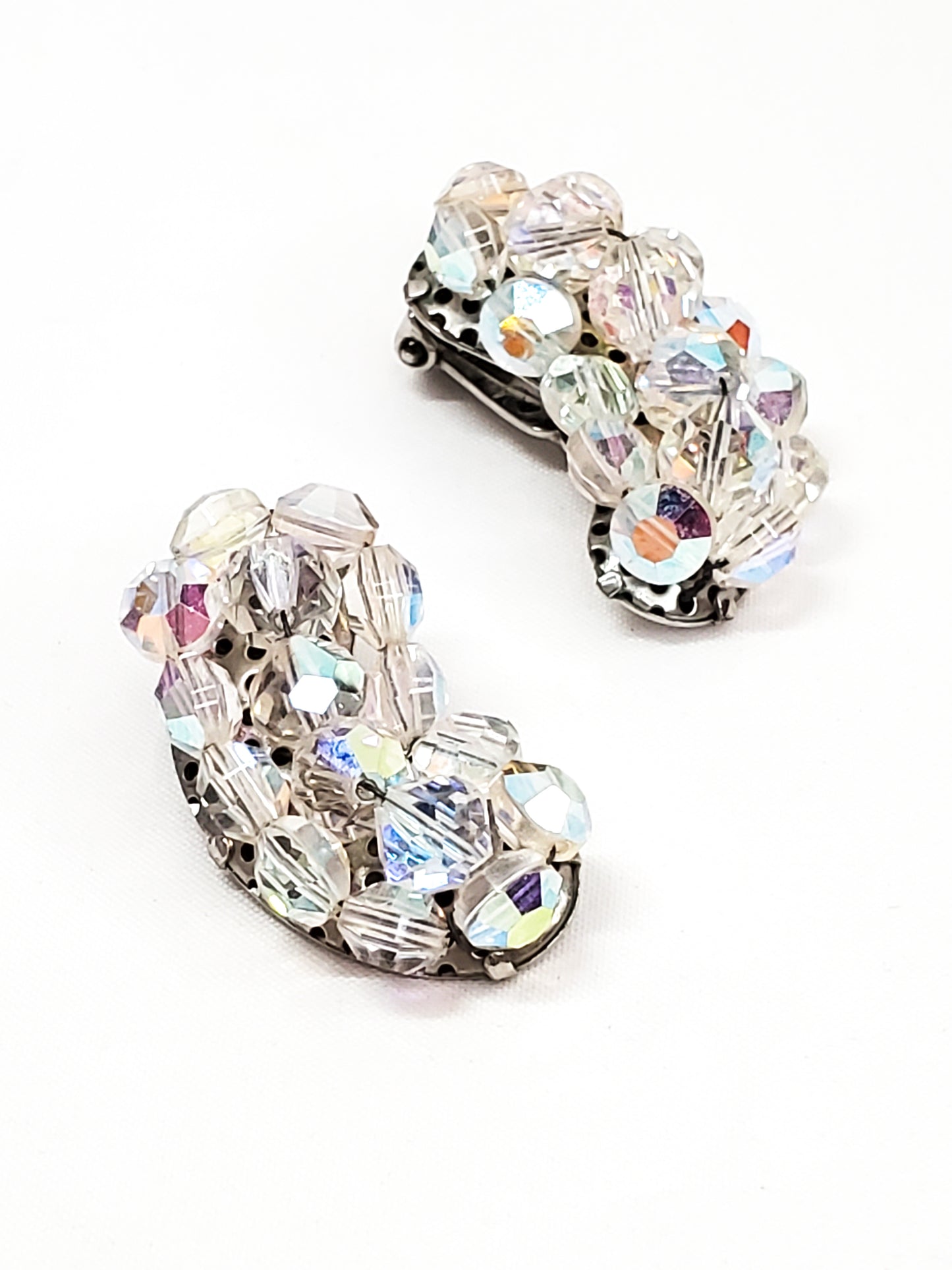 Austrian crystal aurora borealis beaded cluster clip on earrings mid century