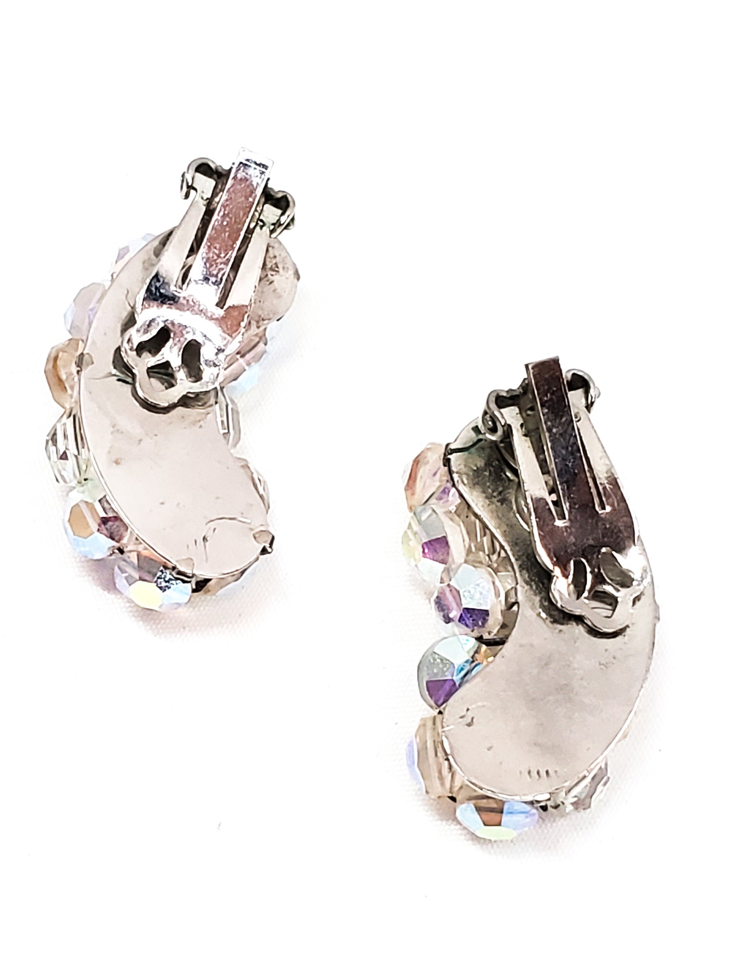 Austrian crystal aurora borealis beaded cluster clip on earrings mid century