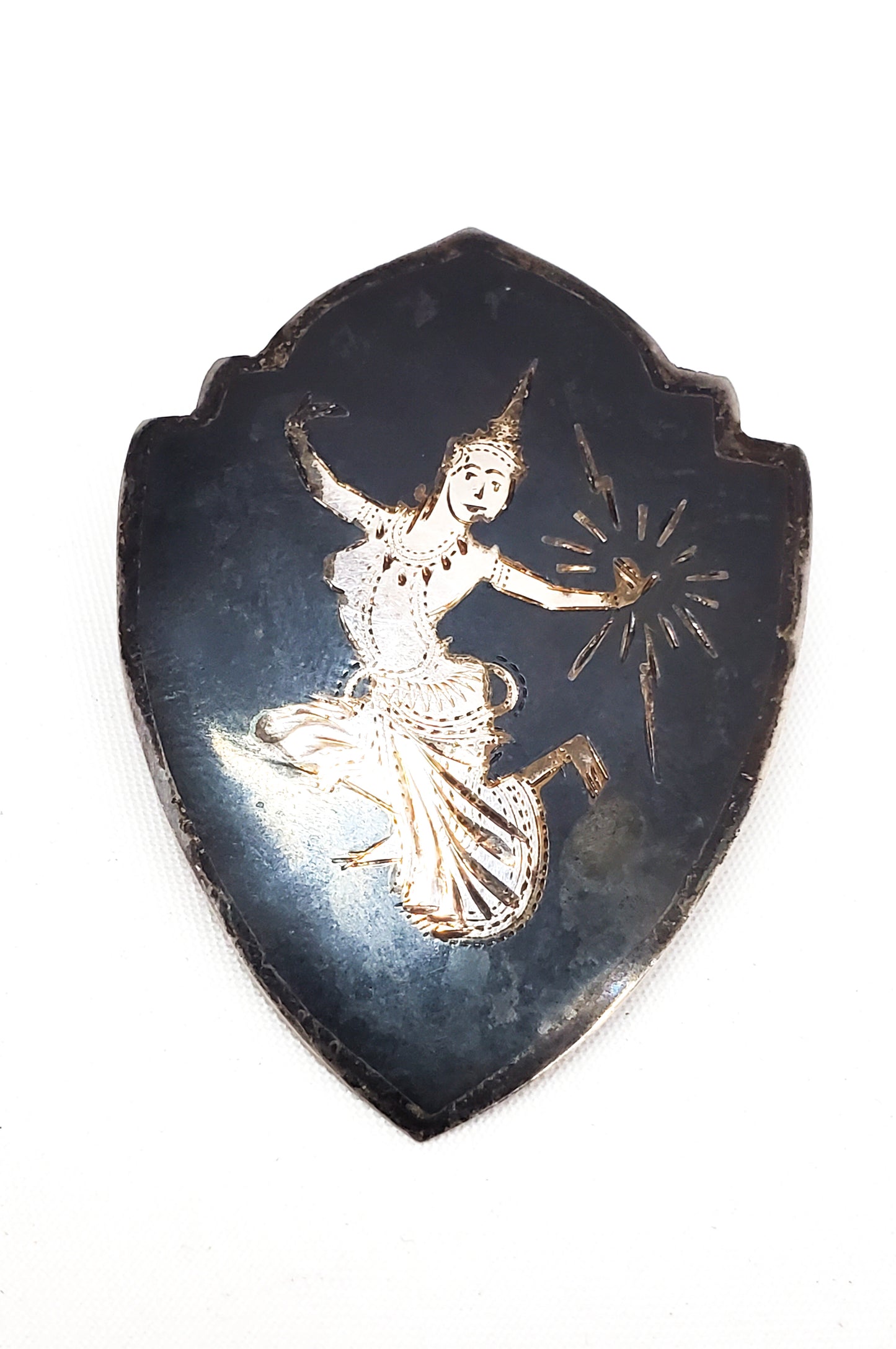 Siam Mekkela goddess of lightning nielloware black sterling silver shield brooch 925