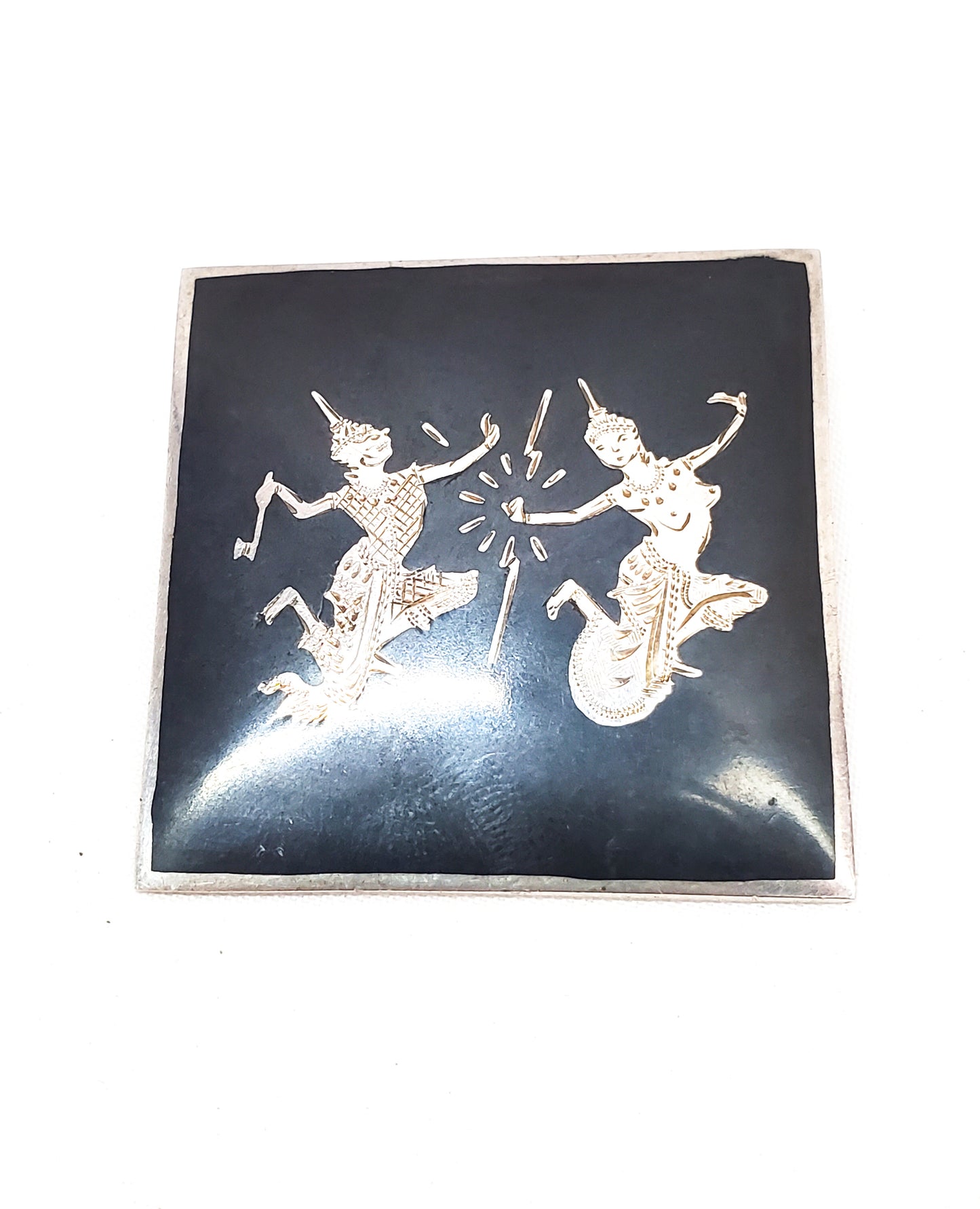 Siam God of Thunder and Goddess of Lightening sterling silver Nielloware brooch 925