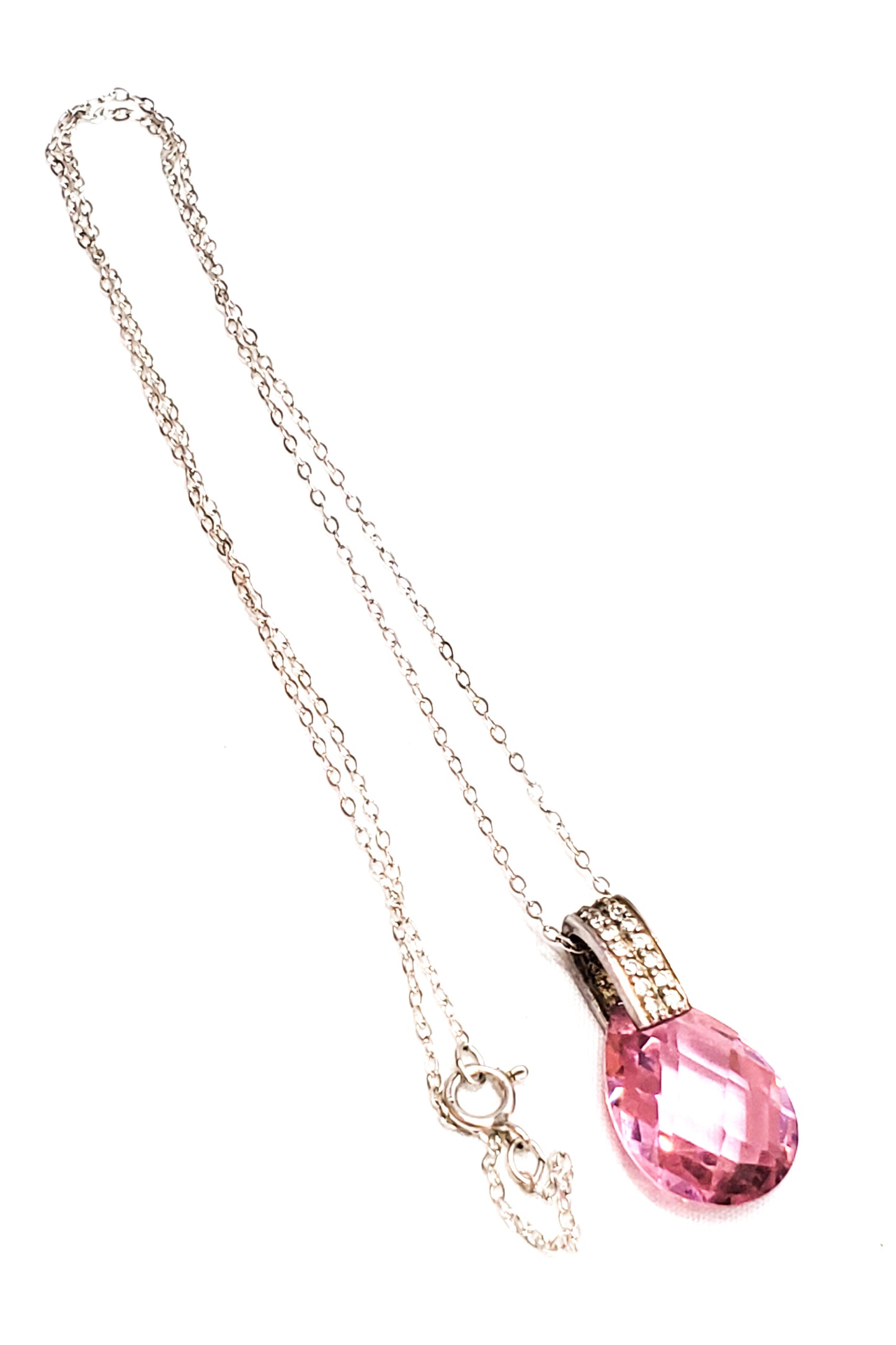 JC Cubic Zirconia pave set faceted pink stone drop sterling silver necklace 925