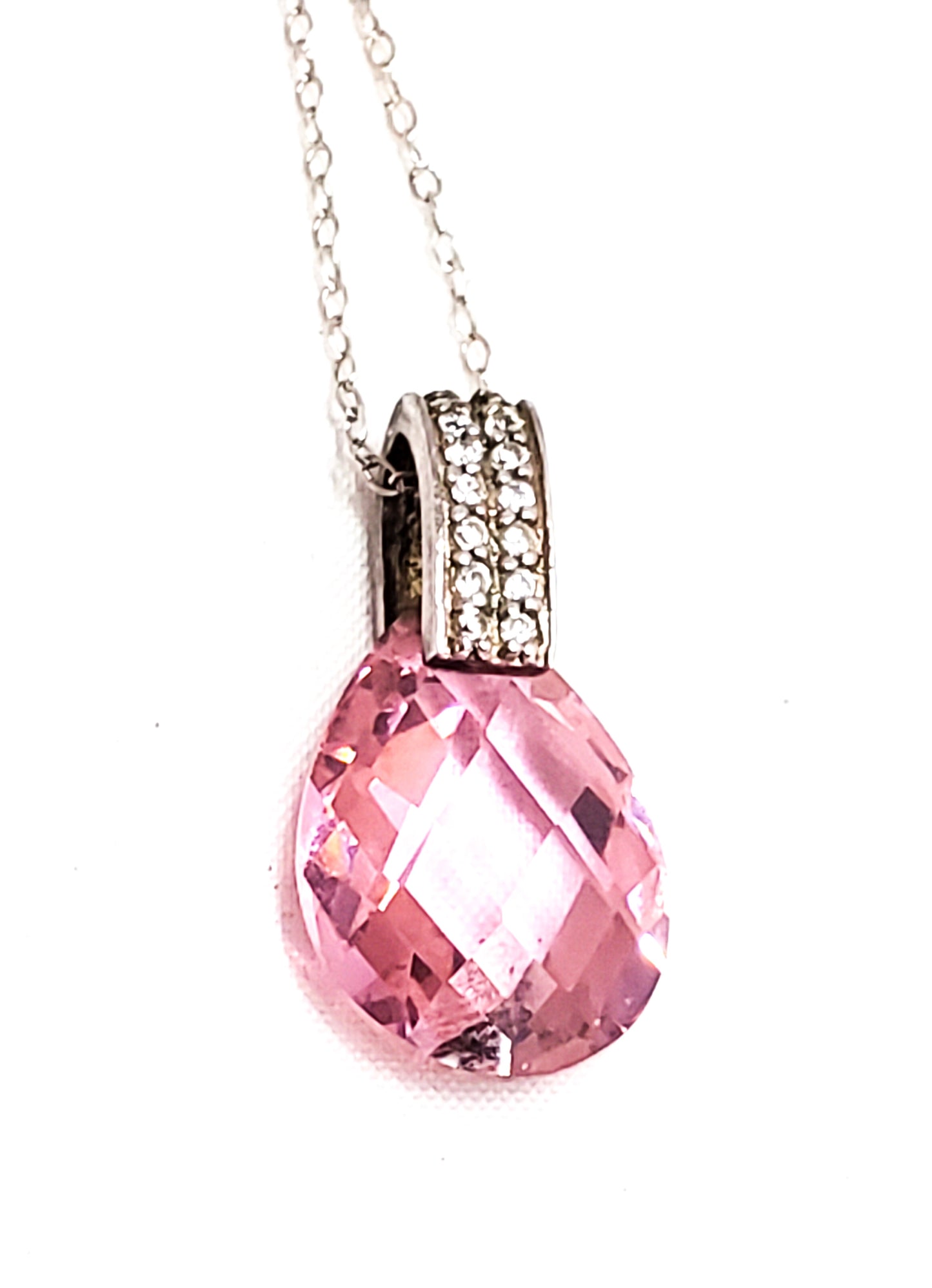 JC Cubic Zirconia pave set faceted pink stone drop sterling silver necklace 925