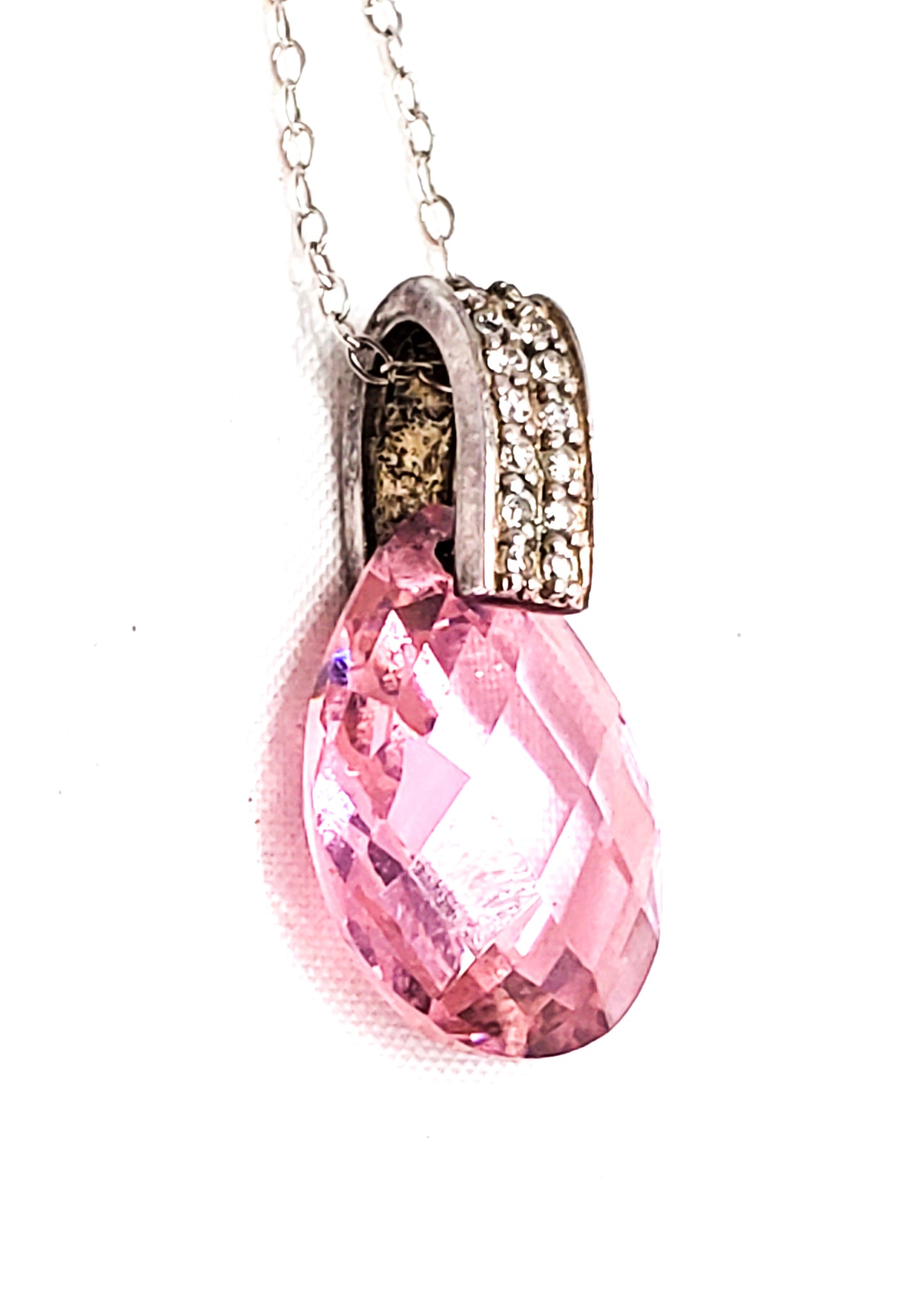 JC Cubic Zirconia pave set faceted pink stone drop sterling silver necklace 925