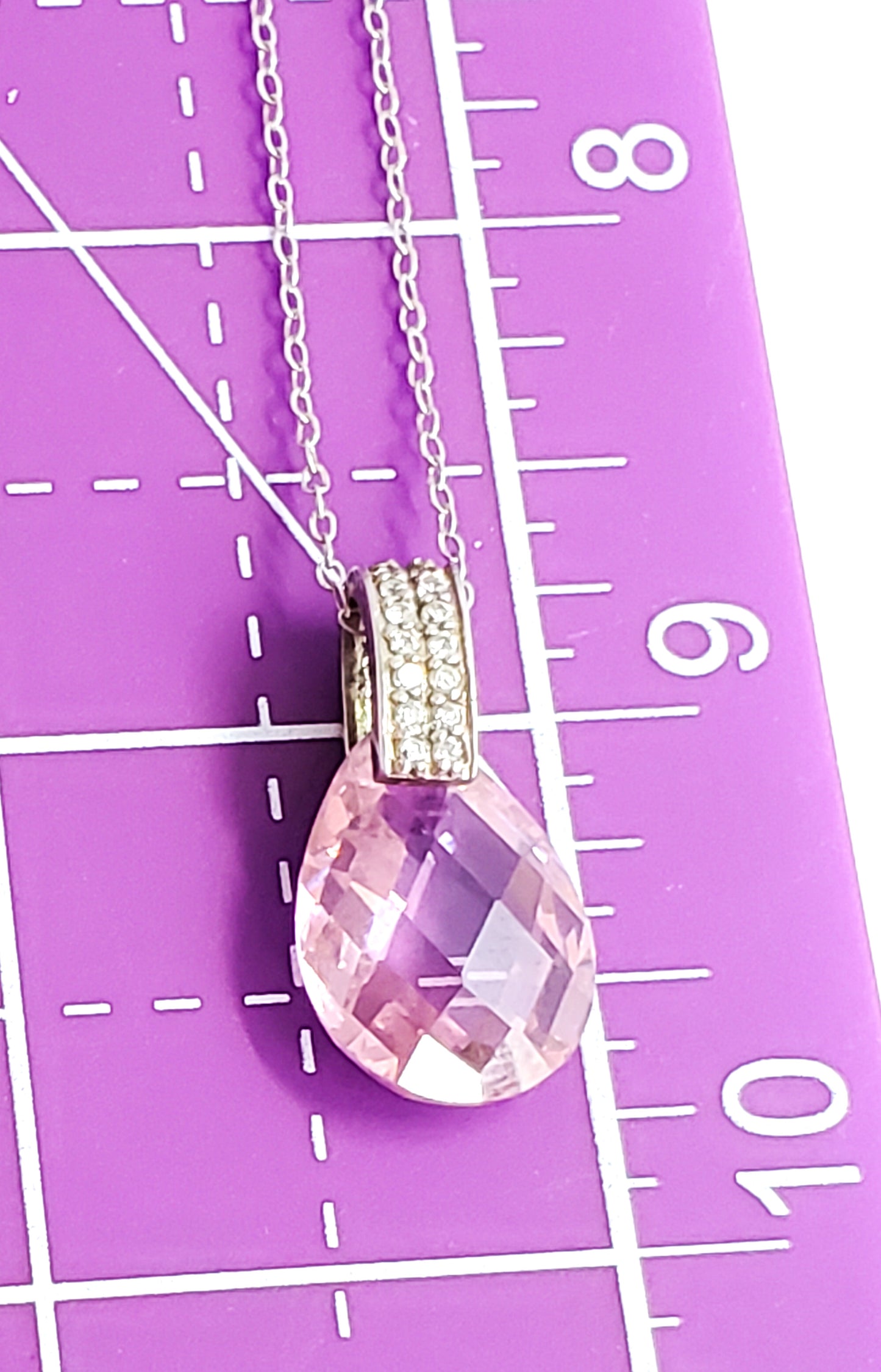JC Cubic Zirconia pave set faceted pink stone drop sterling silver necklace 925
