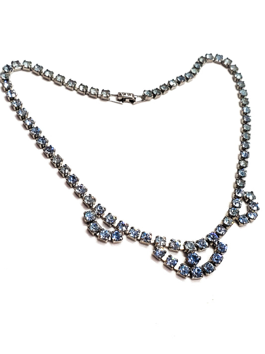 Jewelry Fashions baby blue scalloped rhinestone bib vintage necklace mid century