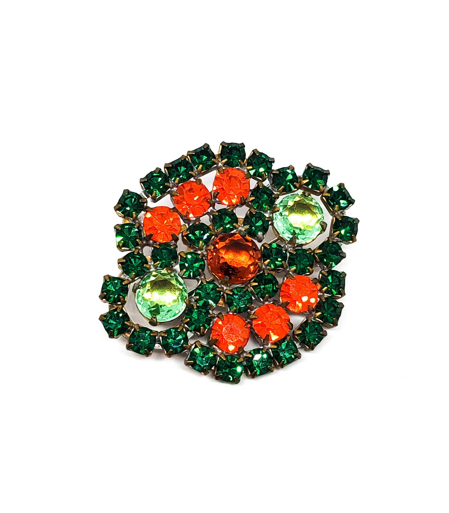 Czech cut bohemian glass rhinestone brooch green and orange vintage