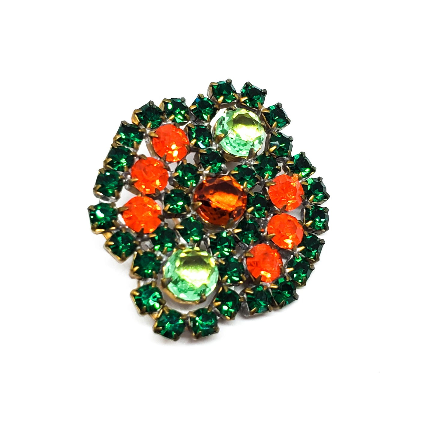Czech cut bohemian glass rhinestone brooch green and orange vintage