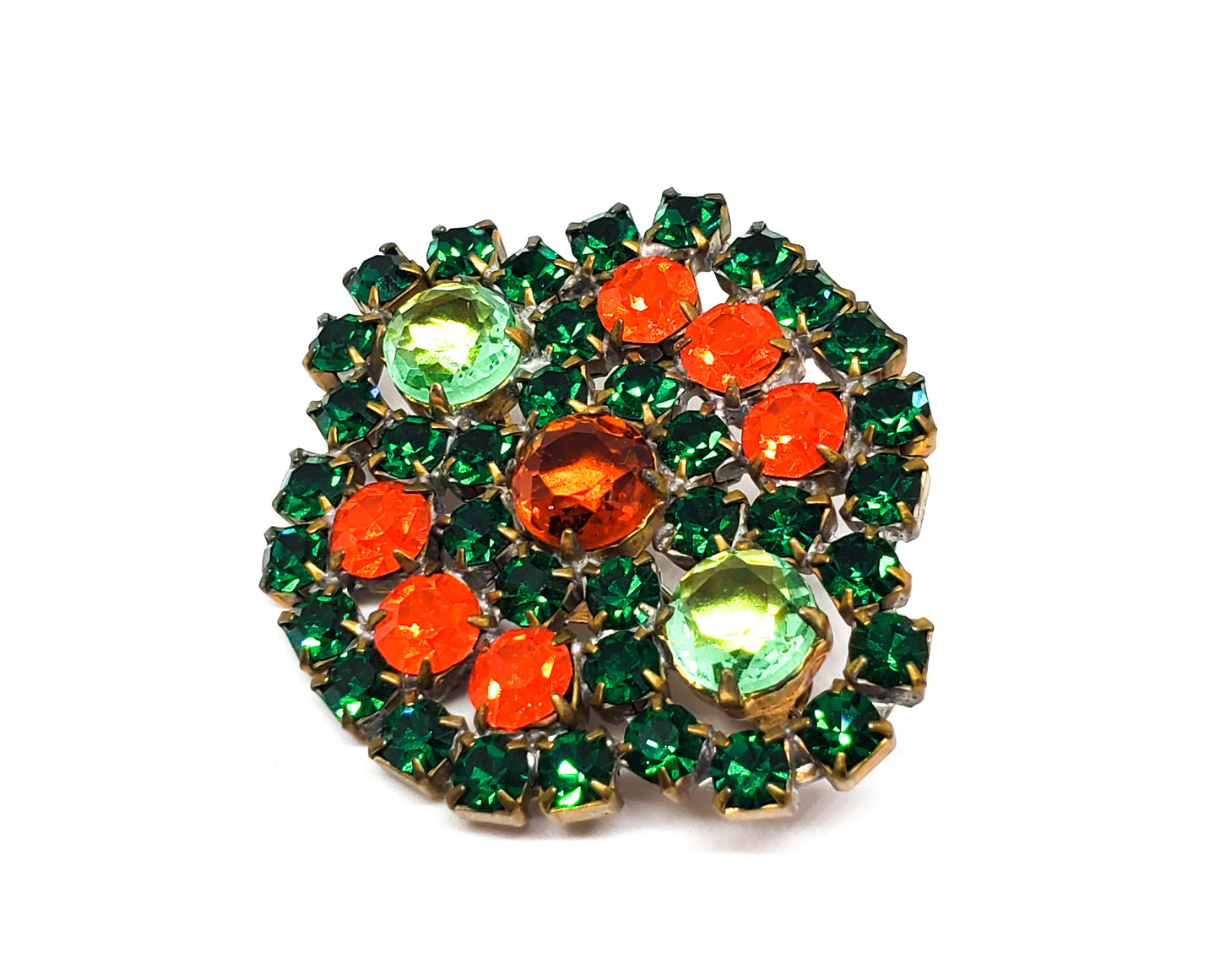 Czech cut bohemian glass rhinestone brooch green and orange vintage