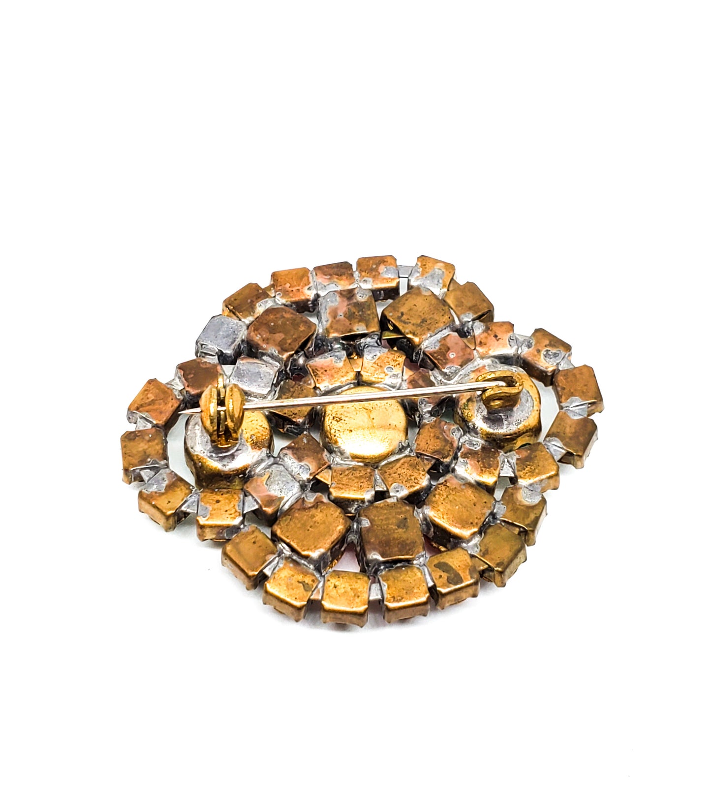 Czech cut bohemian glass rhinestone brooch green and orange vintage
